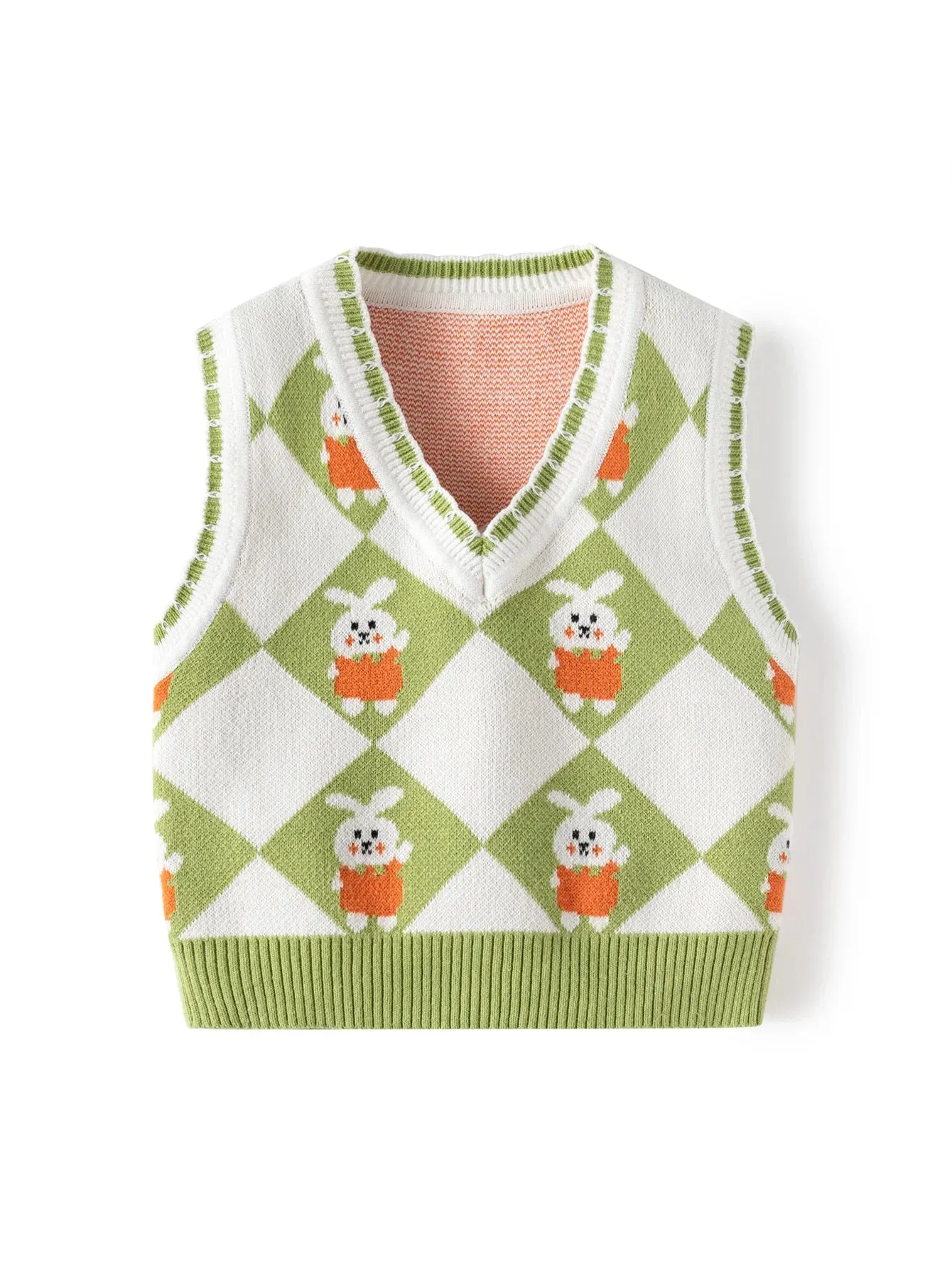 Toddler Kid's Bunny Pattern Cable Knit Vest, Color Clash V-neck Sleeveless Sweater, Baby Girl's Clothing