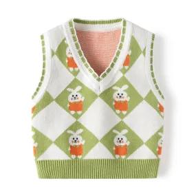 Toddler Kid's Bunny Pattern Cable Knit Vest, Color Clash V-neck Sleeveless Sweater, Baby Girl's Clothing