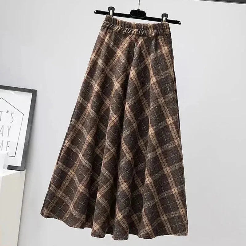 Toleet-Autumn Winter Woolen Skirt Women 2023 Korean Style Thick High Waist Long Skirt Woman A Line Pleated Plaid Skirt Female