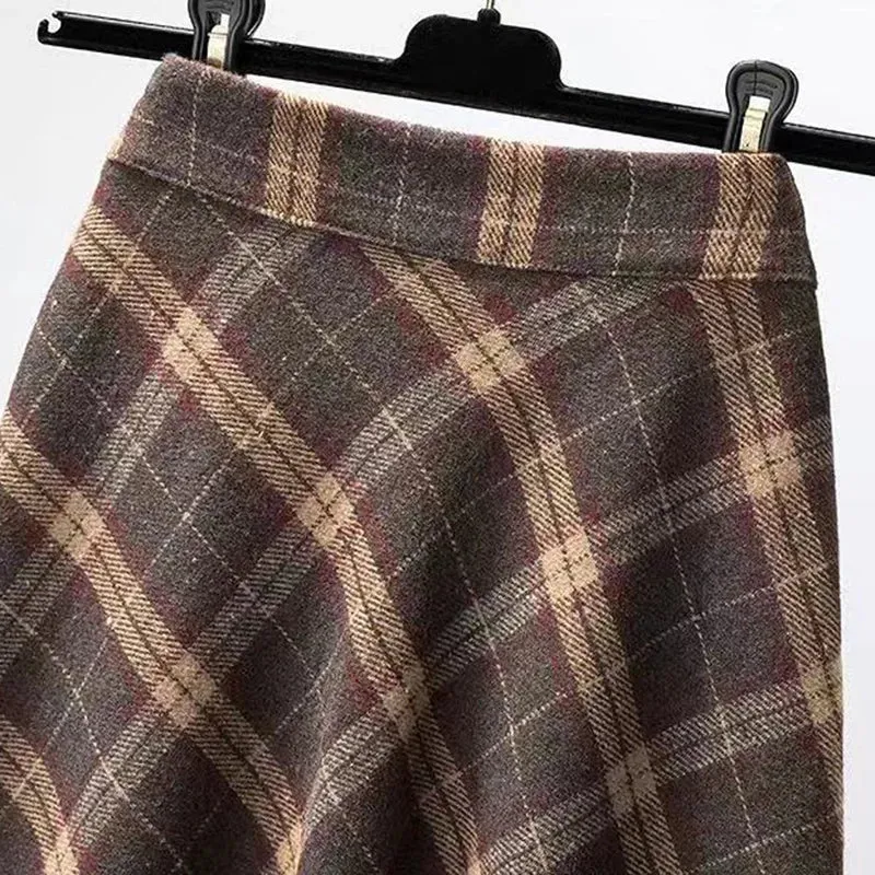 Toleet-Autumn Winter Woolen Skirt Women 2023 Korean Style Thick High Waist Long Skirt Woman A Line Pleated Plaid Skirt Female