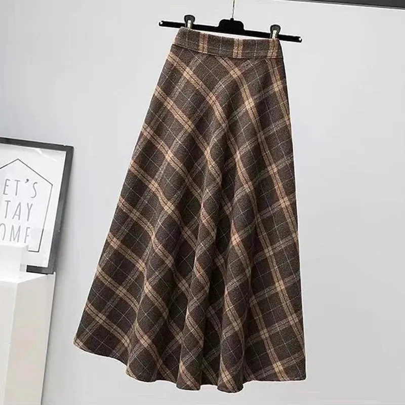 Toleet-Autumn Winter Woolen Skirt Women 2023 Korean Style Thick High Waist Long Skirt Woman A Line Pleated Plaid Skirt Female