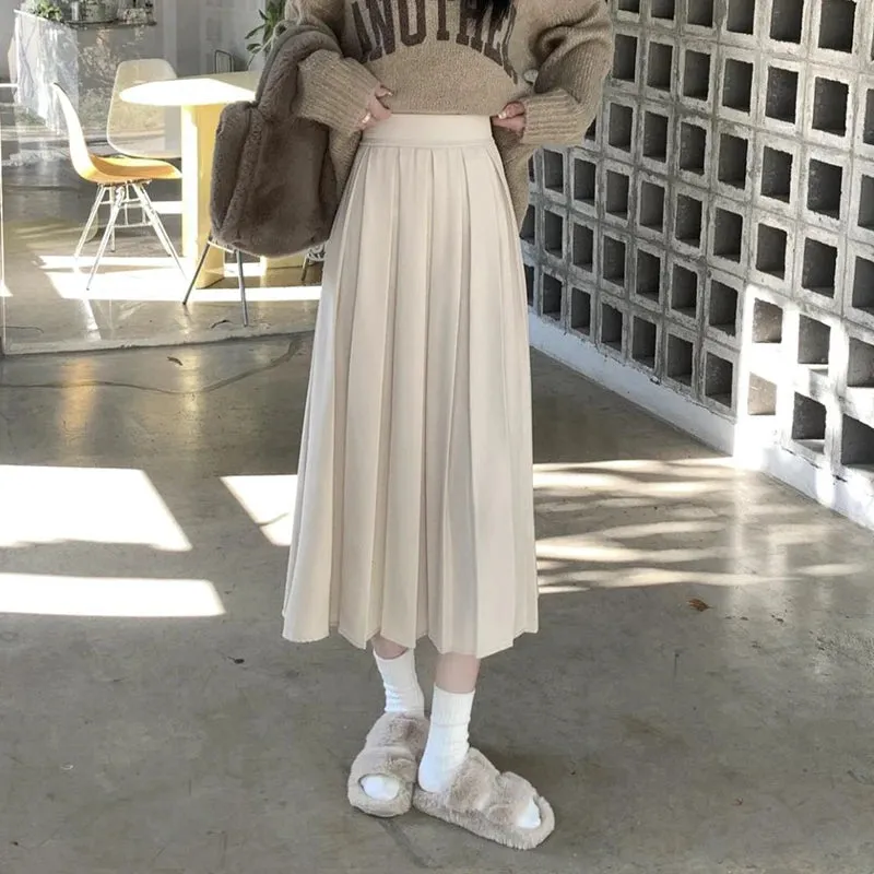 Toleet-Korean Fashion Suit Pleated Skirt Women 2024 Back Elastic High Waist Long Skirts Woman Preppy Style A Line School Skirt Female