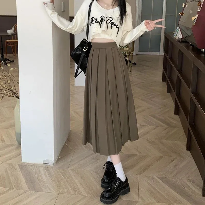 Toleet-Korean Fashion Suit Pleated Skirt Women 2024 Back Elastic High Waist Long Skirts Woman Preppy Style A Line School Skirt Female