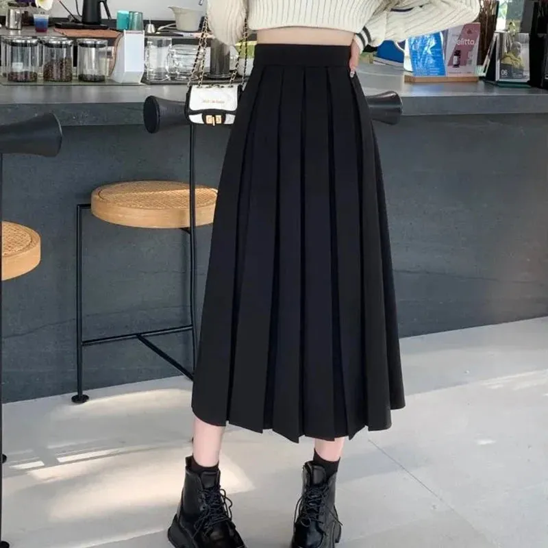 Toleet-Korean Fashion Suit Pleated Skirt Women 2024 Back Elastic High Waist Long Skirts Woman Preppy Style A Line School Skirt Female