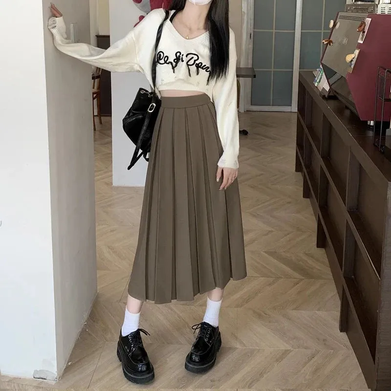 Toleet-Korean Fashion Suit Pleated Skirt Women 2024 Back Elastic High Waist Long Skirts Woman Preppy Style A Line School Skirt Female