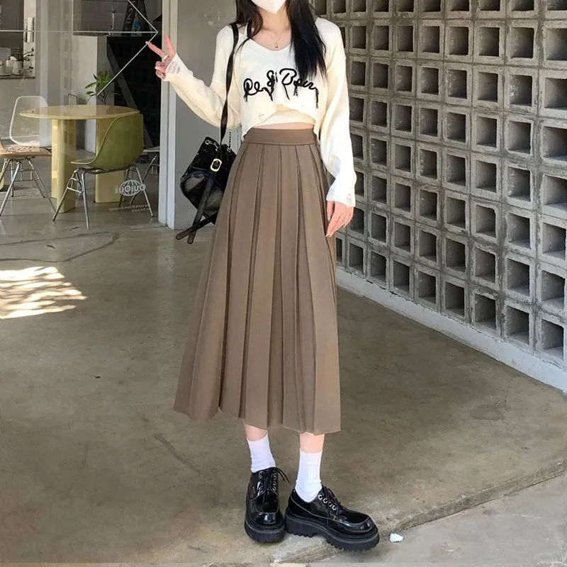 Toleet-Korean Fashion Suit Pleated Skirt Women 2024 Back Elastic High Waist Long Skirts Woman Preppy Style A Line School Skirt Female