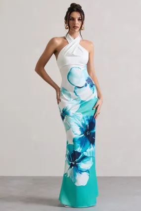 Tropicana | Blue Floral Satin Cross Over Halterneck Maxi Dress