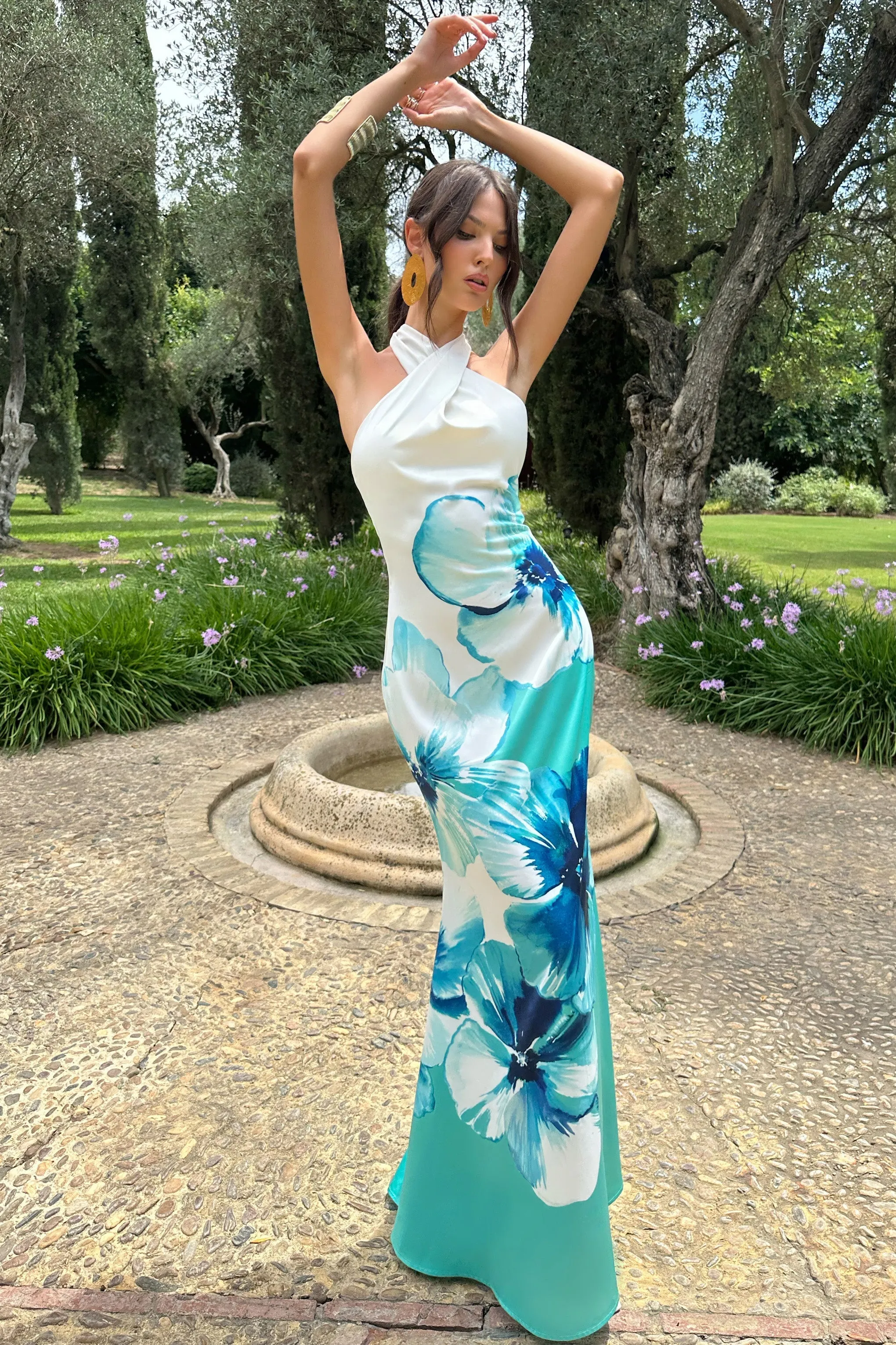 Tropicana | Blue Floral Satin Cross Over Halterneck Maxi Dress