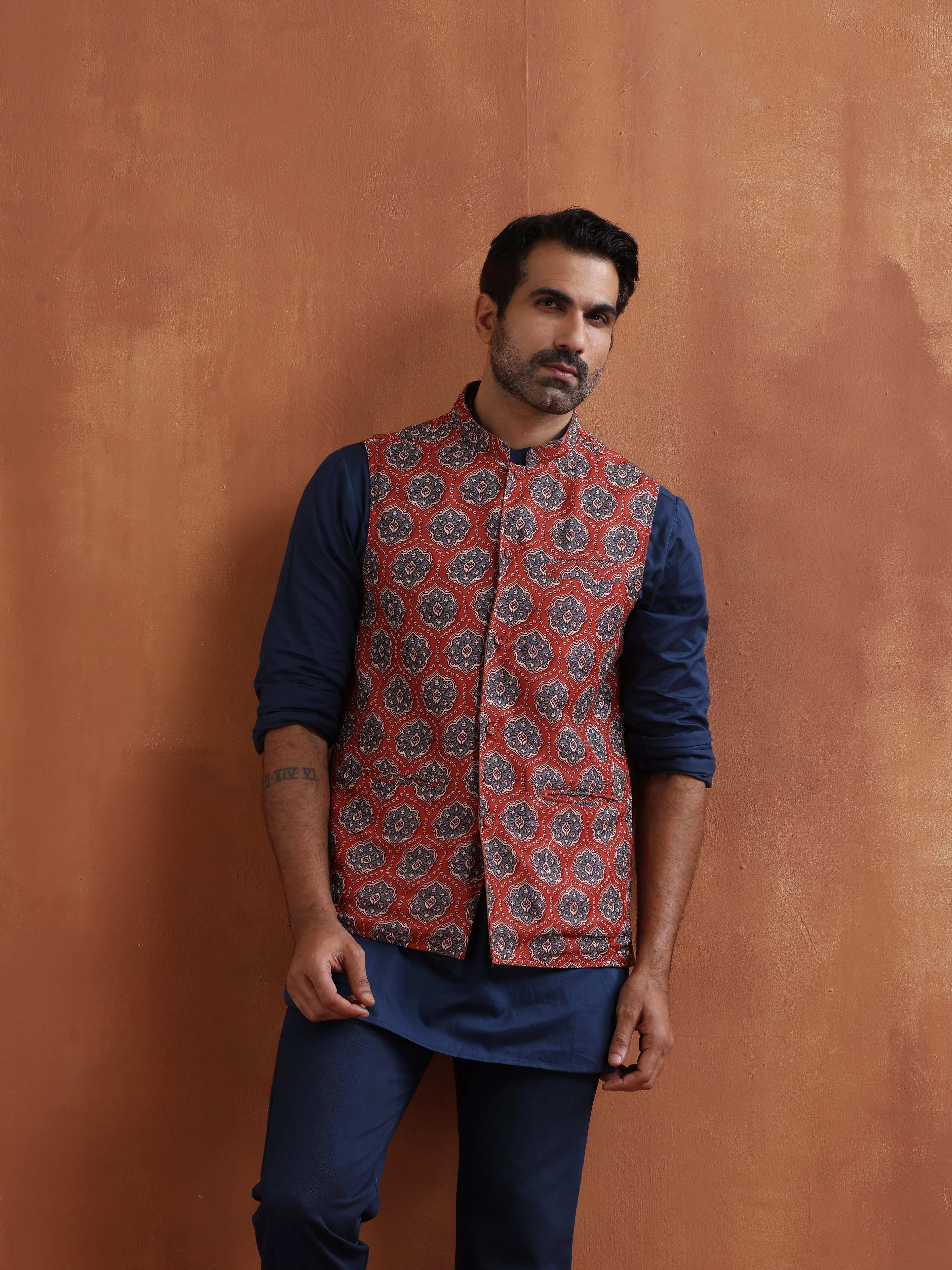 trueBrowns Men's Rust Printed Reversible Nehru Jacket