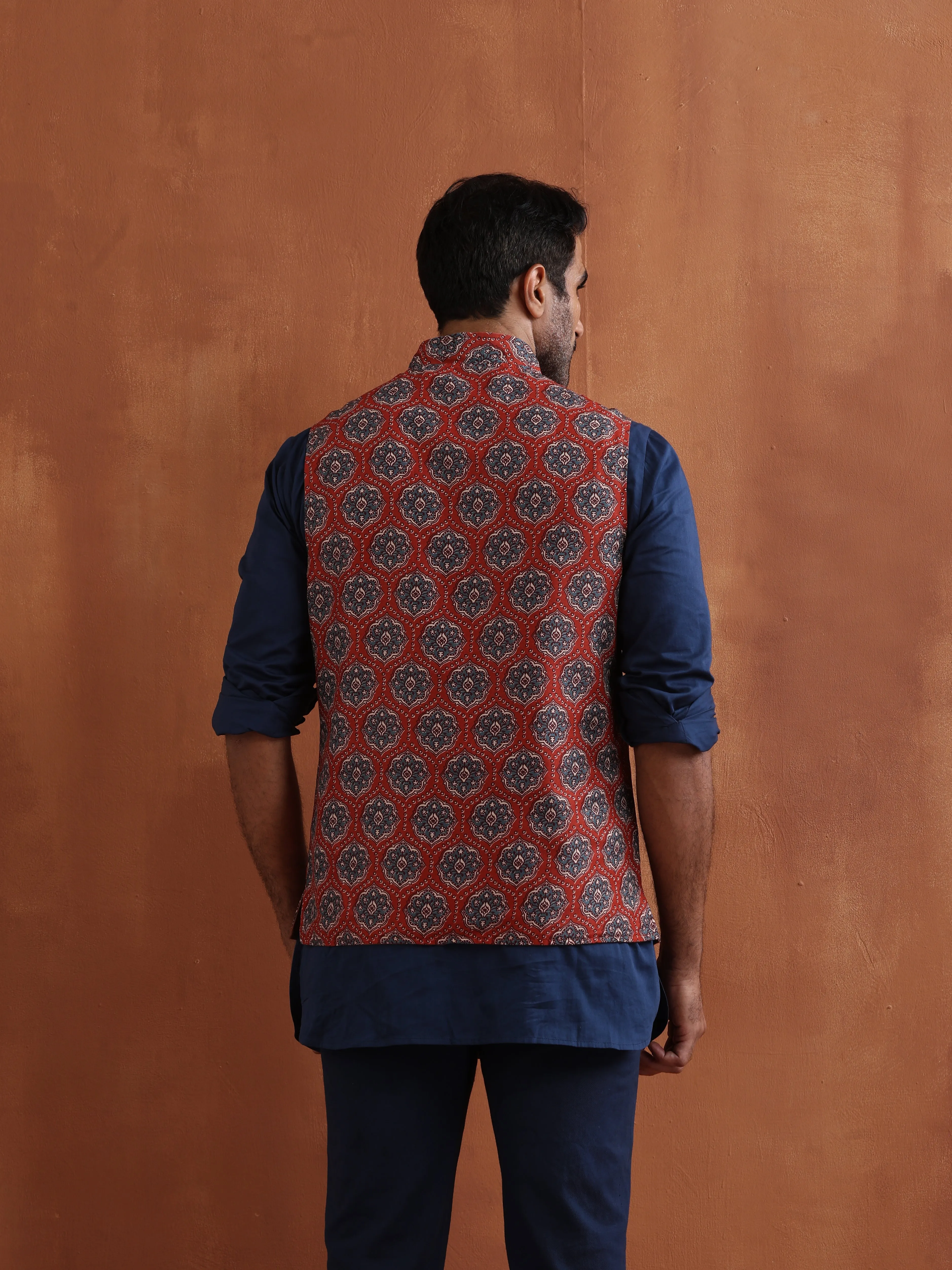 trueBrowns Men's Rust Printed Reversible Nehru Jacket