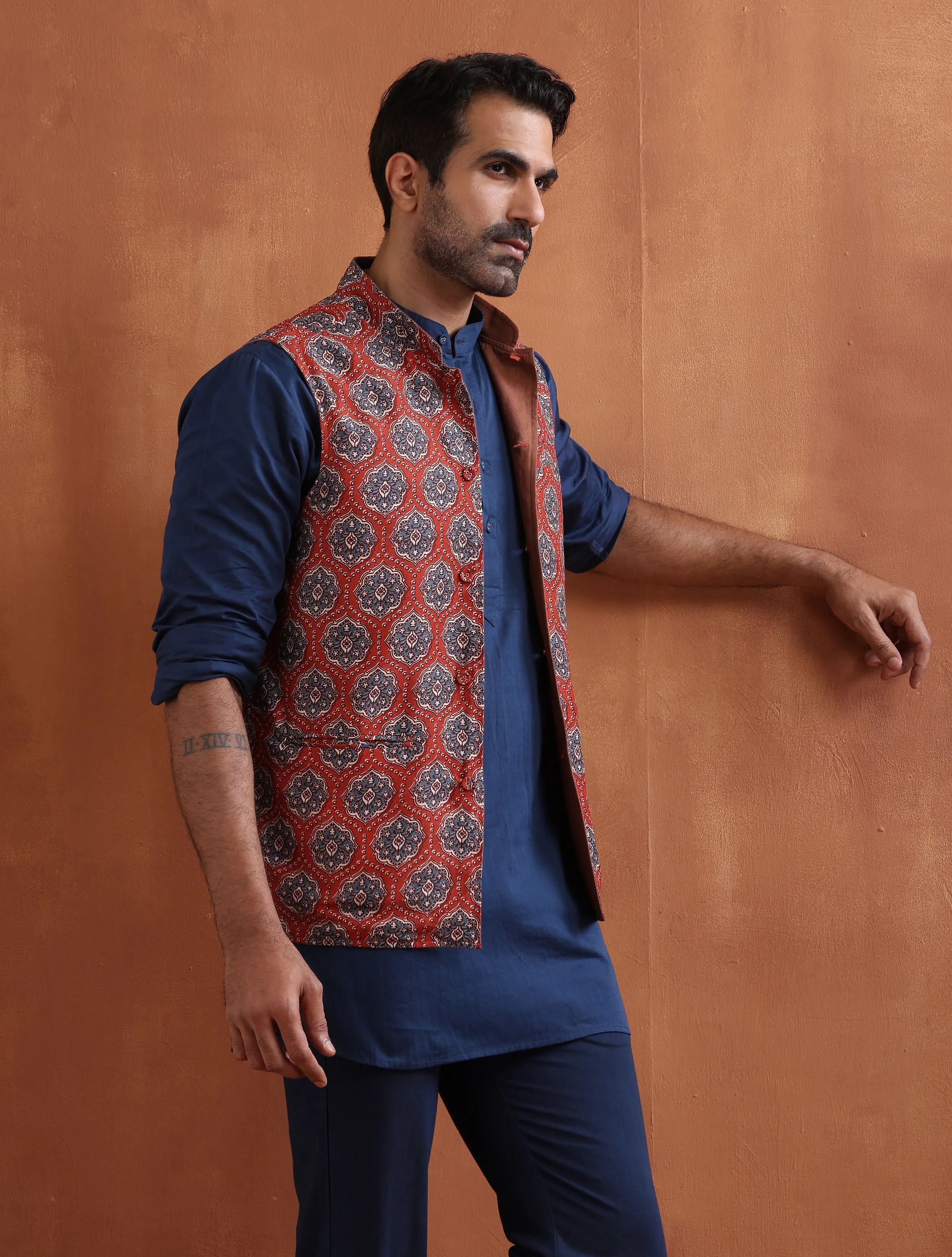 trueBrowns Men's Rust Printed Reversible Nehru Jacket