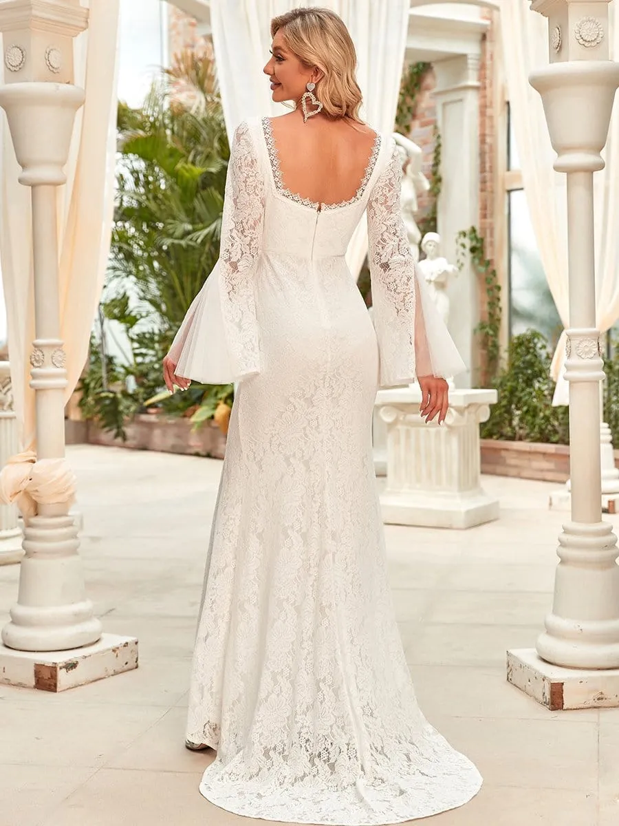 Trumpet Long Sleeve Lace High Slit Wedding Dress