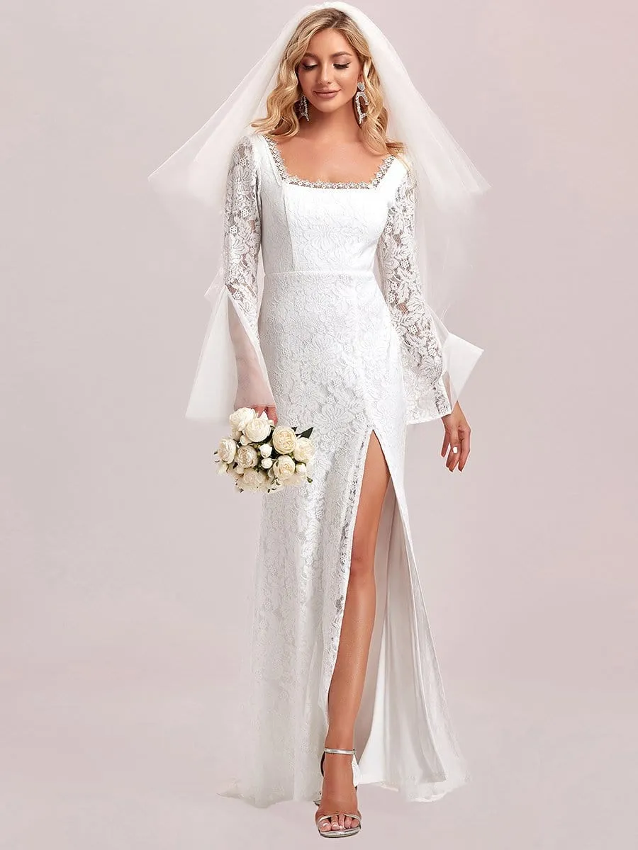 Trumpet Long Sleeve Lace High Slit Wedding Dress