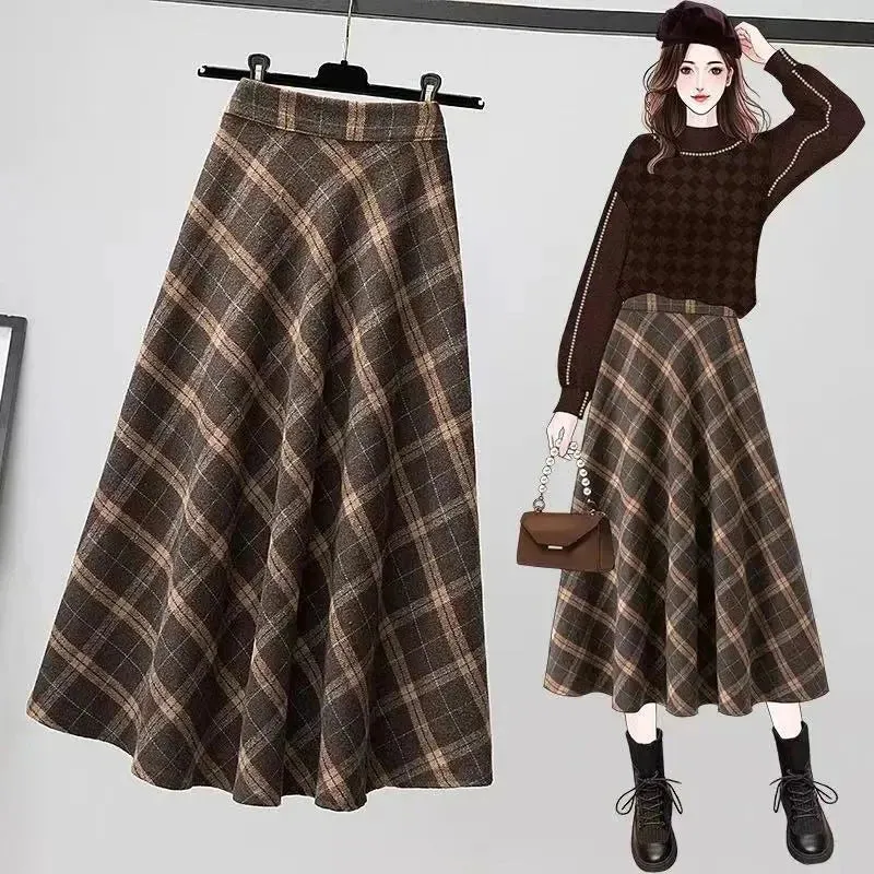 Uniwim Autumn Winter Woolen Skirt Women 2024 Korean Style Thick High Waist Long Skirt Woman A Line Pleated Plaid Skirt Female