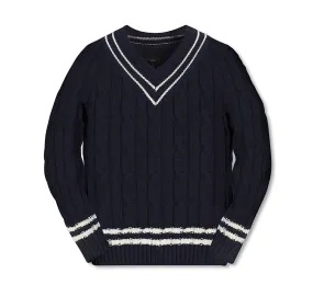 V-Neck Cable Knit Sweater 100% Cotton -Navy