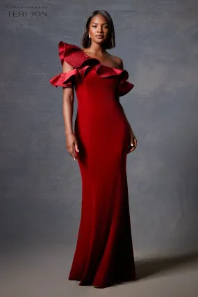 Velvet Trapunto Ruffle Asymmetrical Gown