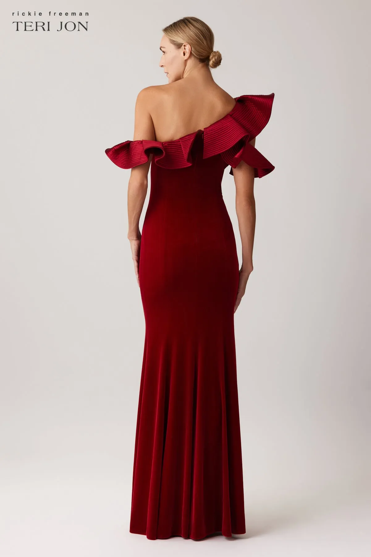 Velvet Trapunto Ruffle Asymmetrical Gown