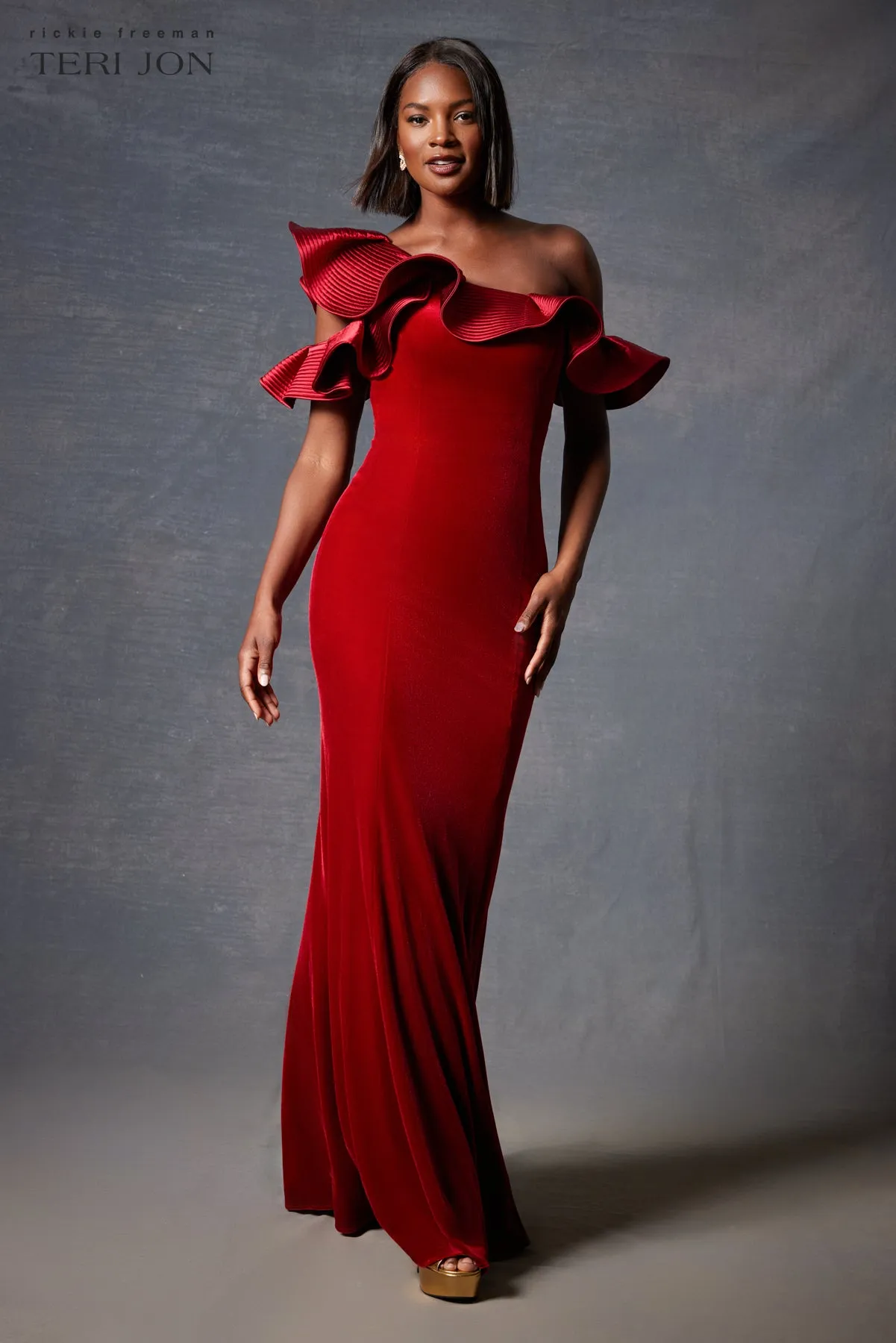 Velvet Trapunto Ruffle Asymmetrical Gown