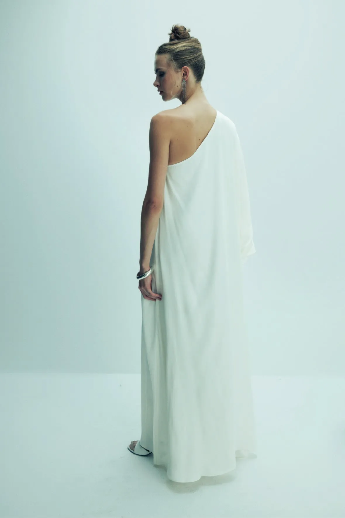 Venus One-Shoulder Satin Maxi Dress in White Swan