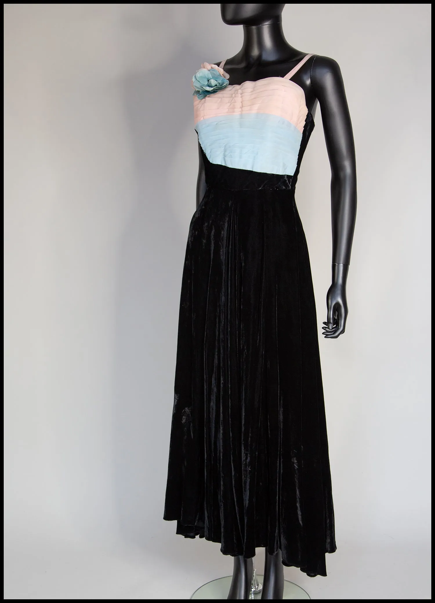 Vintage 1940s Black Pastel Silk Velvet Dress