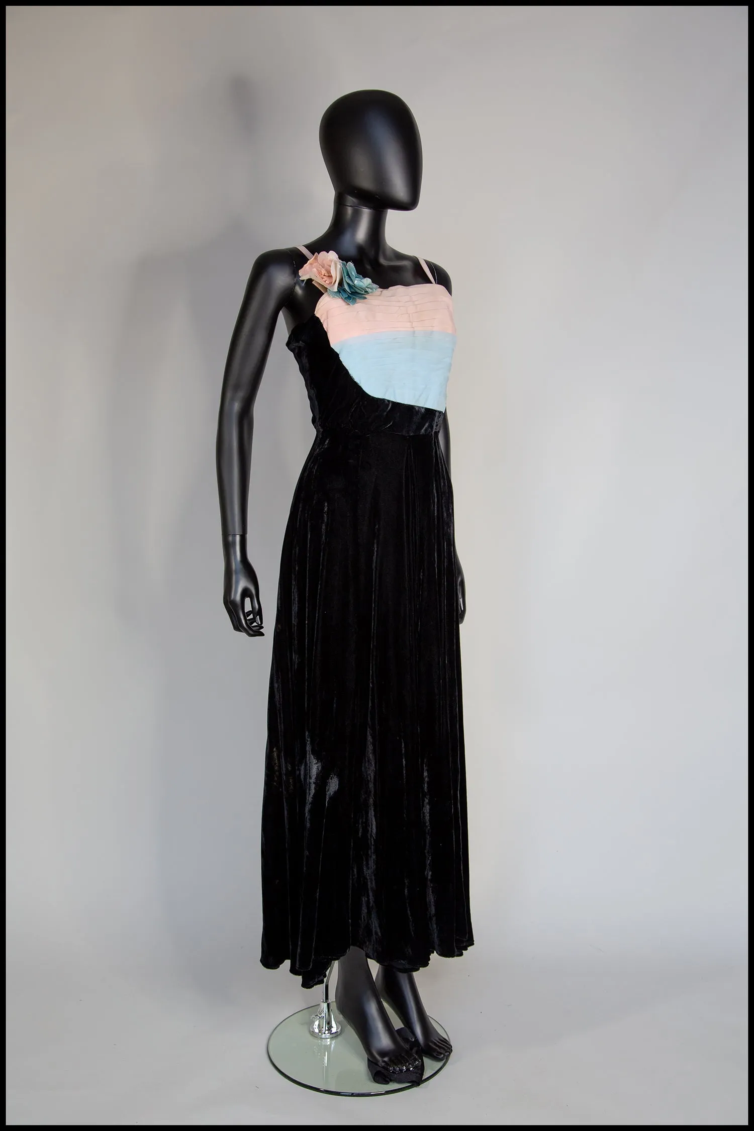 Vintage 1940s Black Pastel Silk Velvet Dress