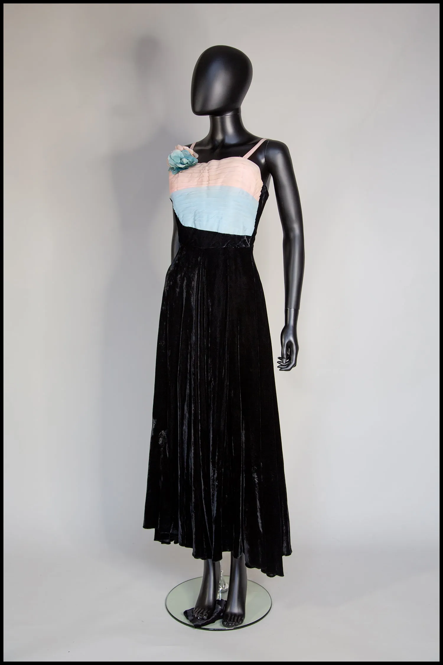 Vintage 1940s Black Pastel Silk Velvet Dress