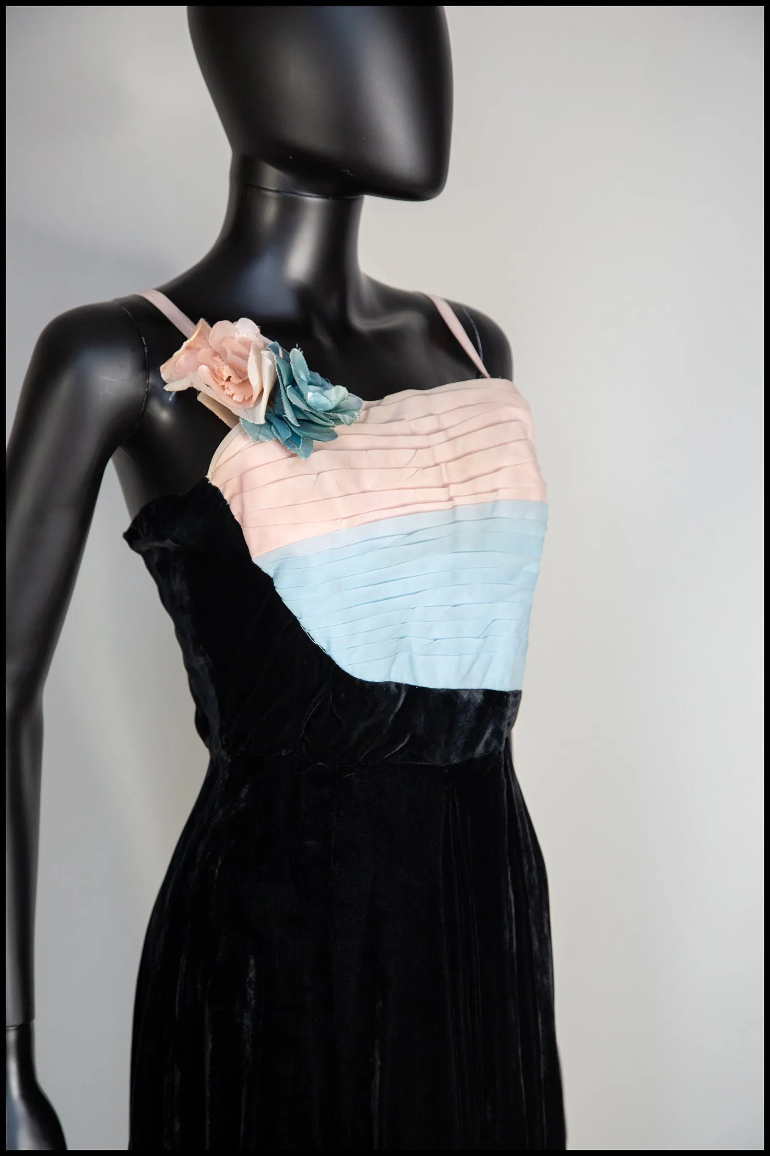 Vintage 1940s Black Pastel Silk Velvet Dress