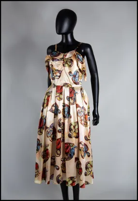 Vintage 1940s Gold Floral Print Satin Dress