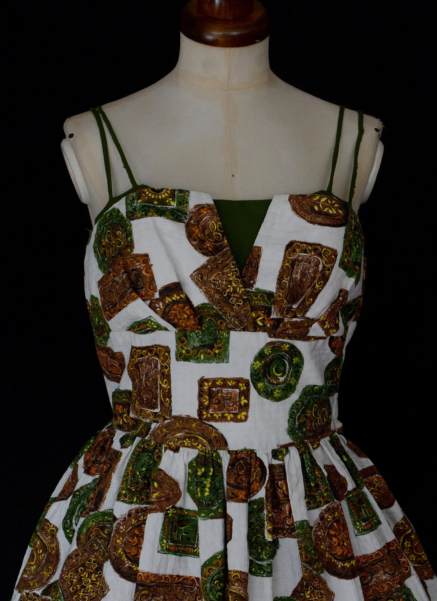 Vintage 1950s Mid Century Green Barkcloth Dress