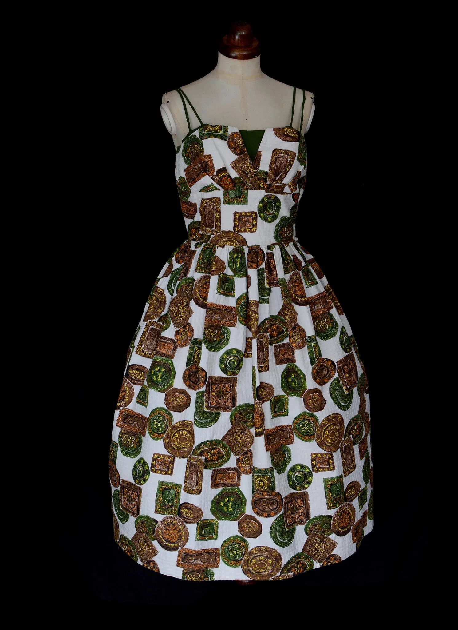 Vintage 1950s Mid Century Green Barkcloth Dress