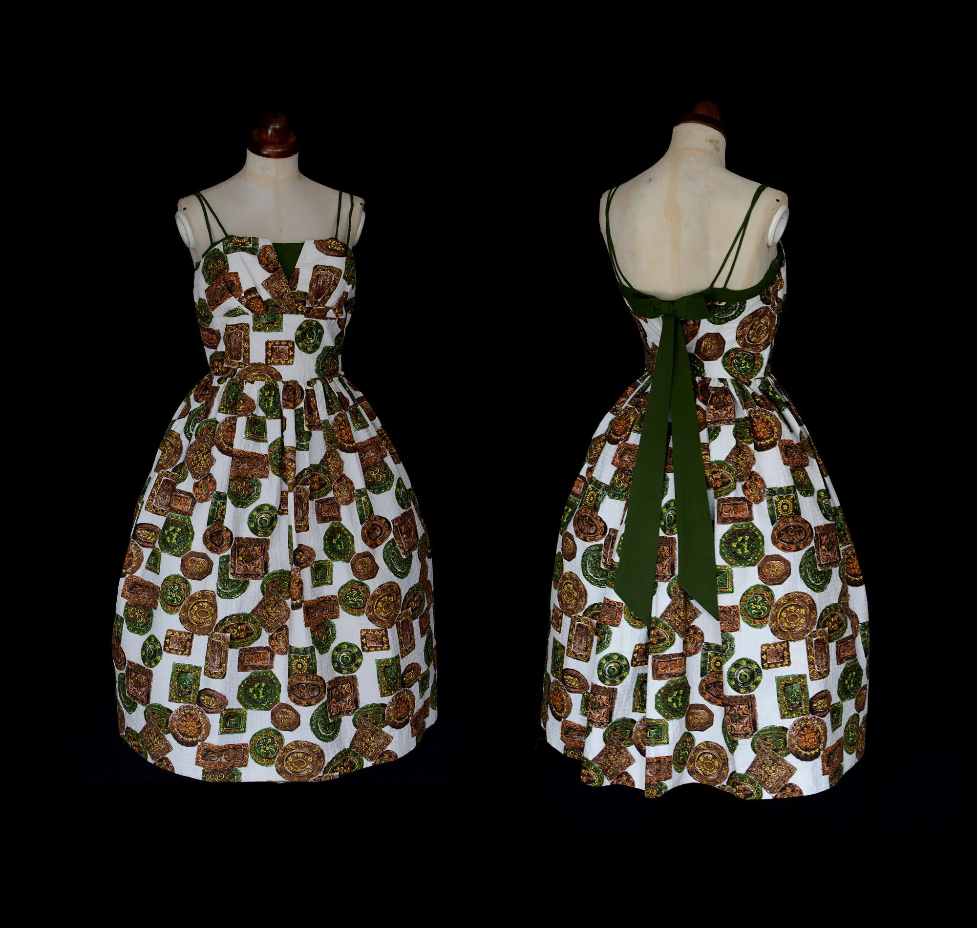 Vintage 1950s Mid Century Green Barkcloth Dress