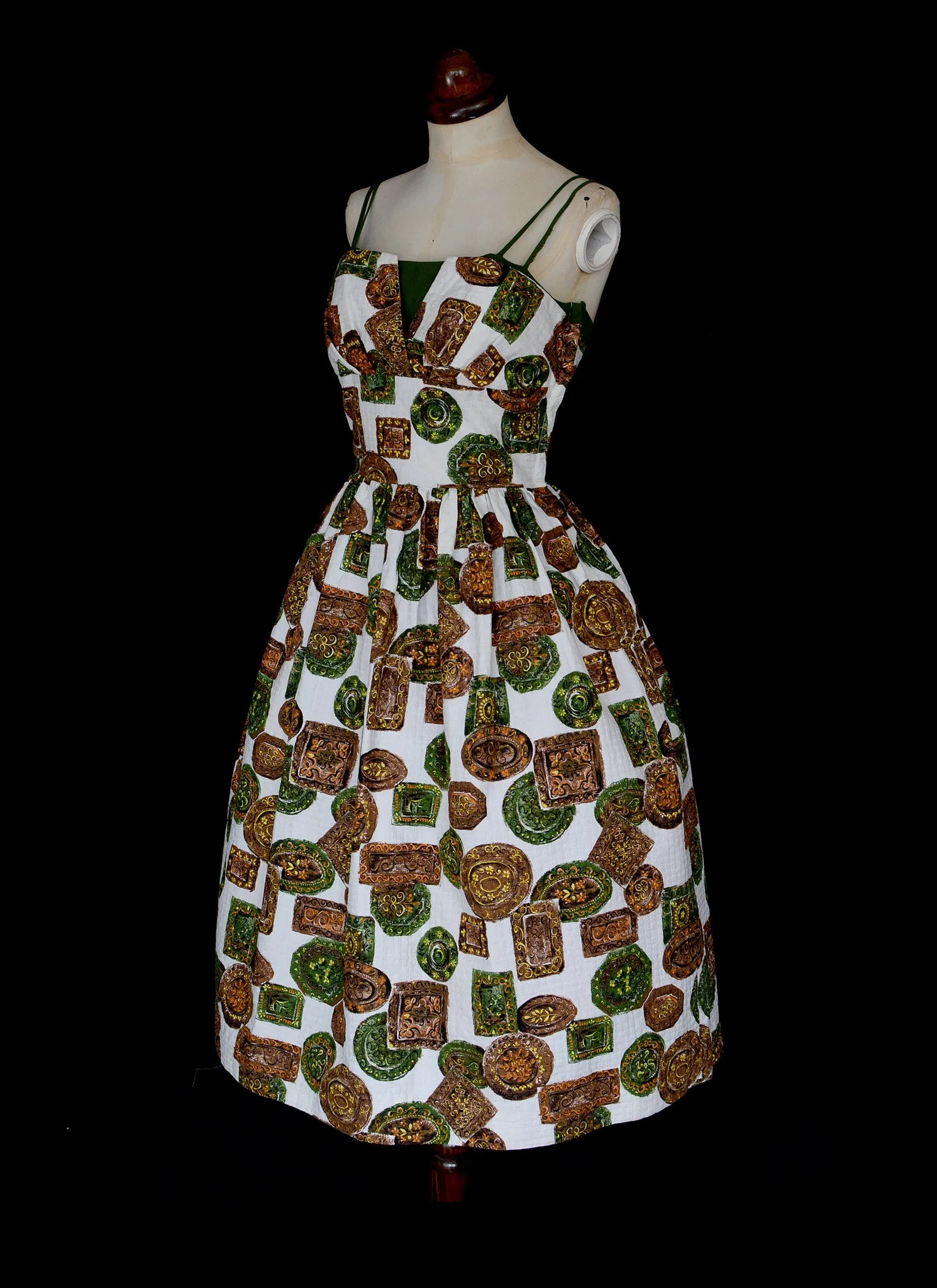 Vintage 1950s Mid Century Green Barkcloth Dress