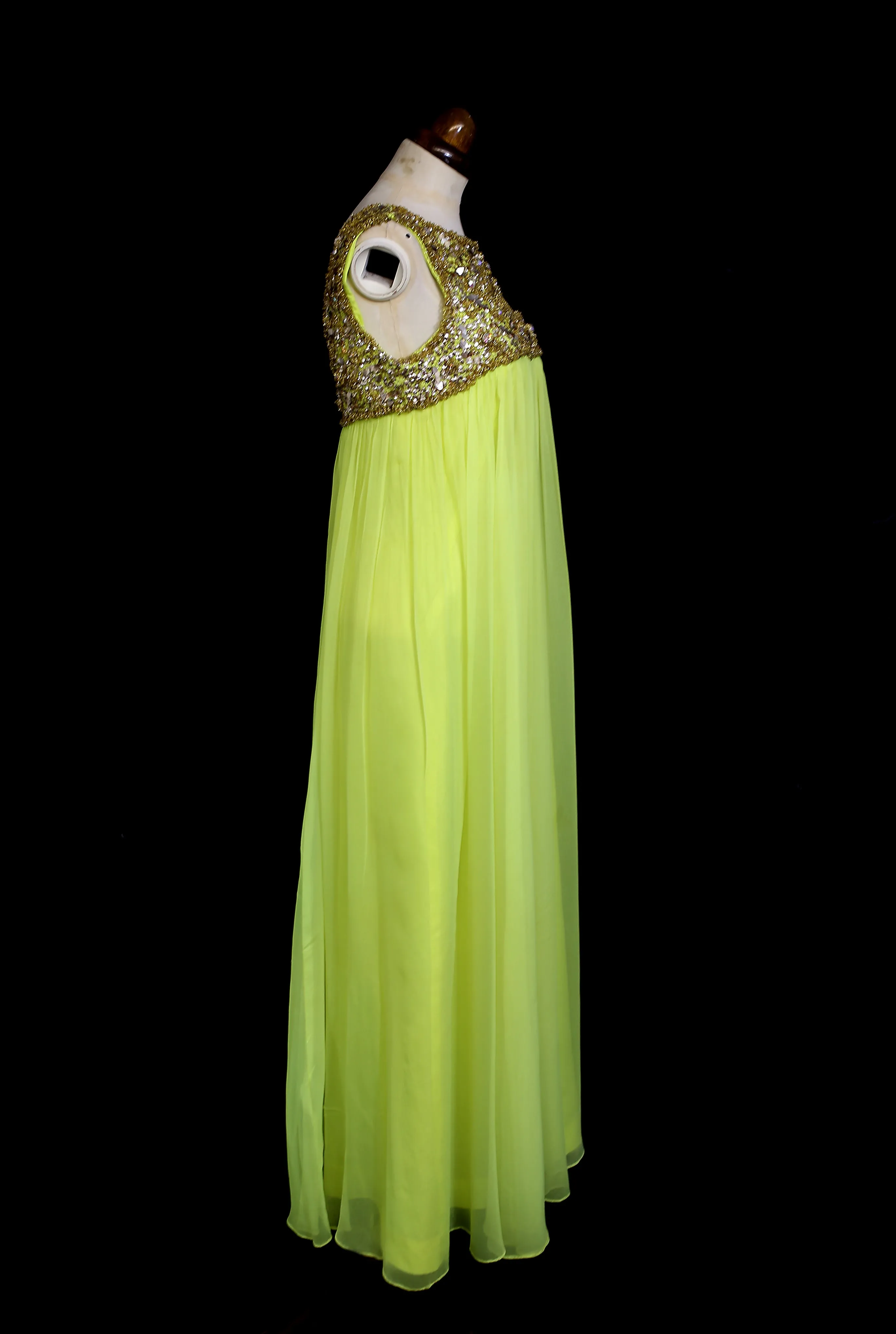 Vintage 1960s Neon Yellow Chiffon Beaded Dress