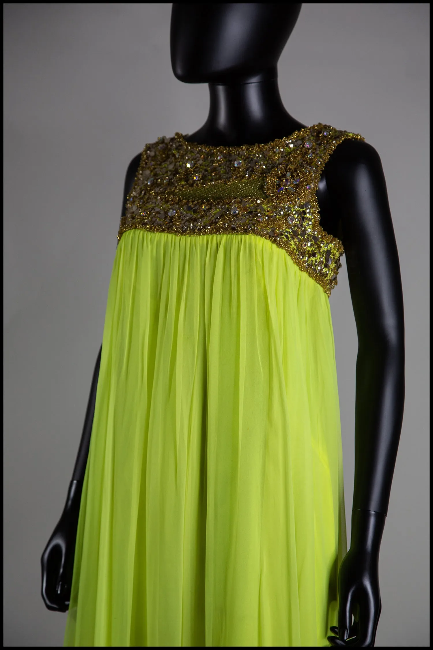 Vintage 1960s Neon Yellow Chiffon Beaded Dress