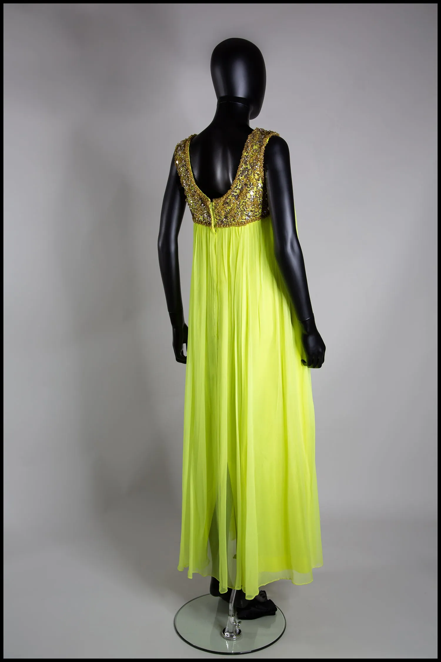 Vintage 1960s Neon Yellow Chiffon Beaded Dress