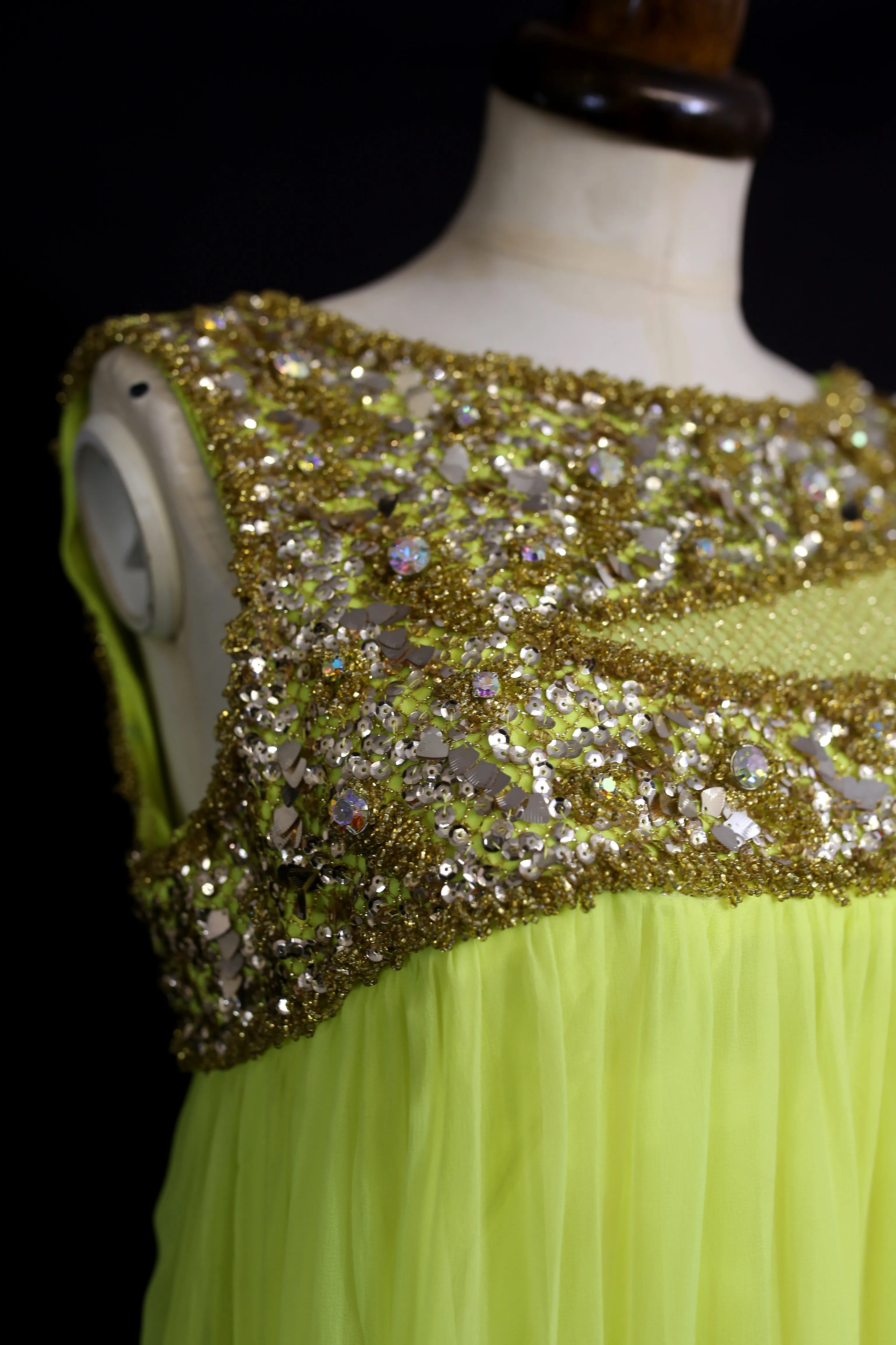 Vintage 1960s Neon Yellow Chiffon Beaded Dress