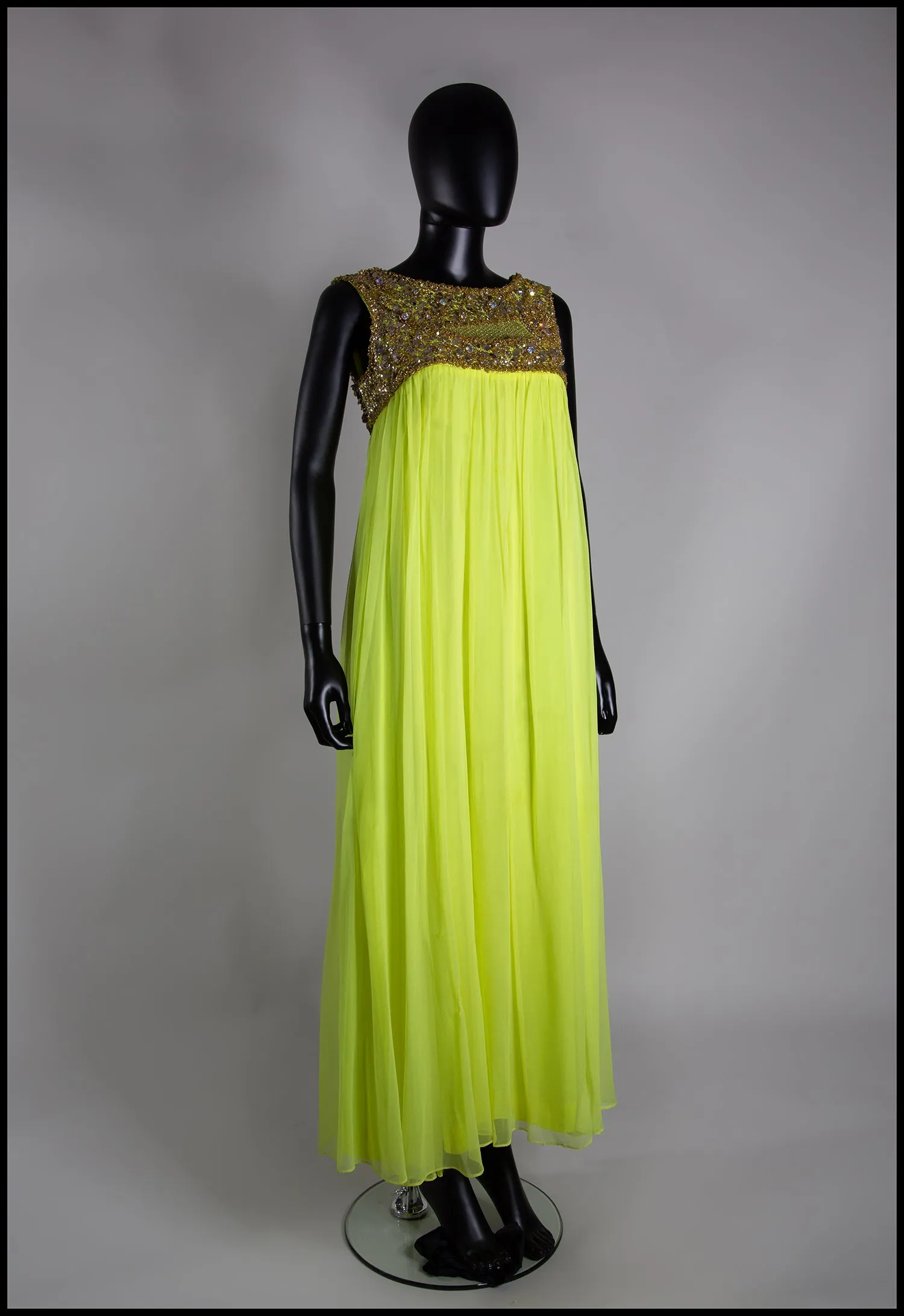 Vintage 1960s Neon Yellow Chiffon Beaded Dress