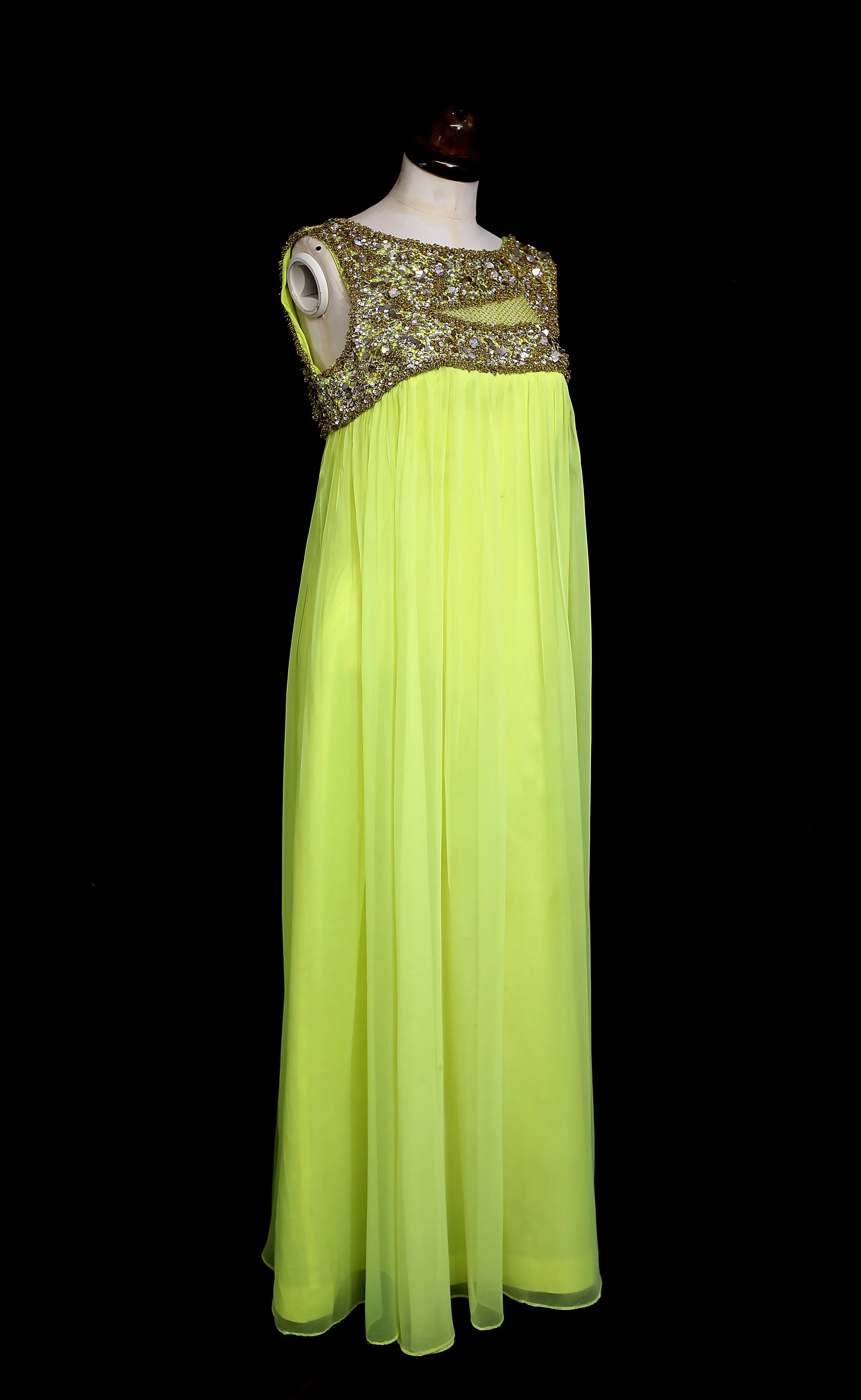 Vintage 1960s Neon Yellow Chiffon Beaded Dress