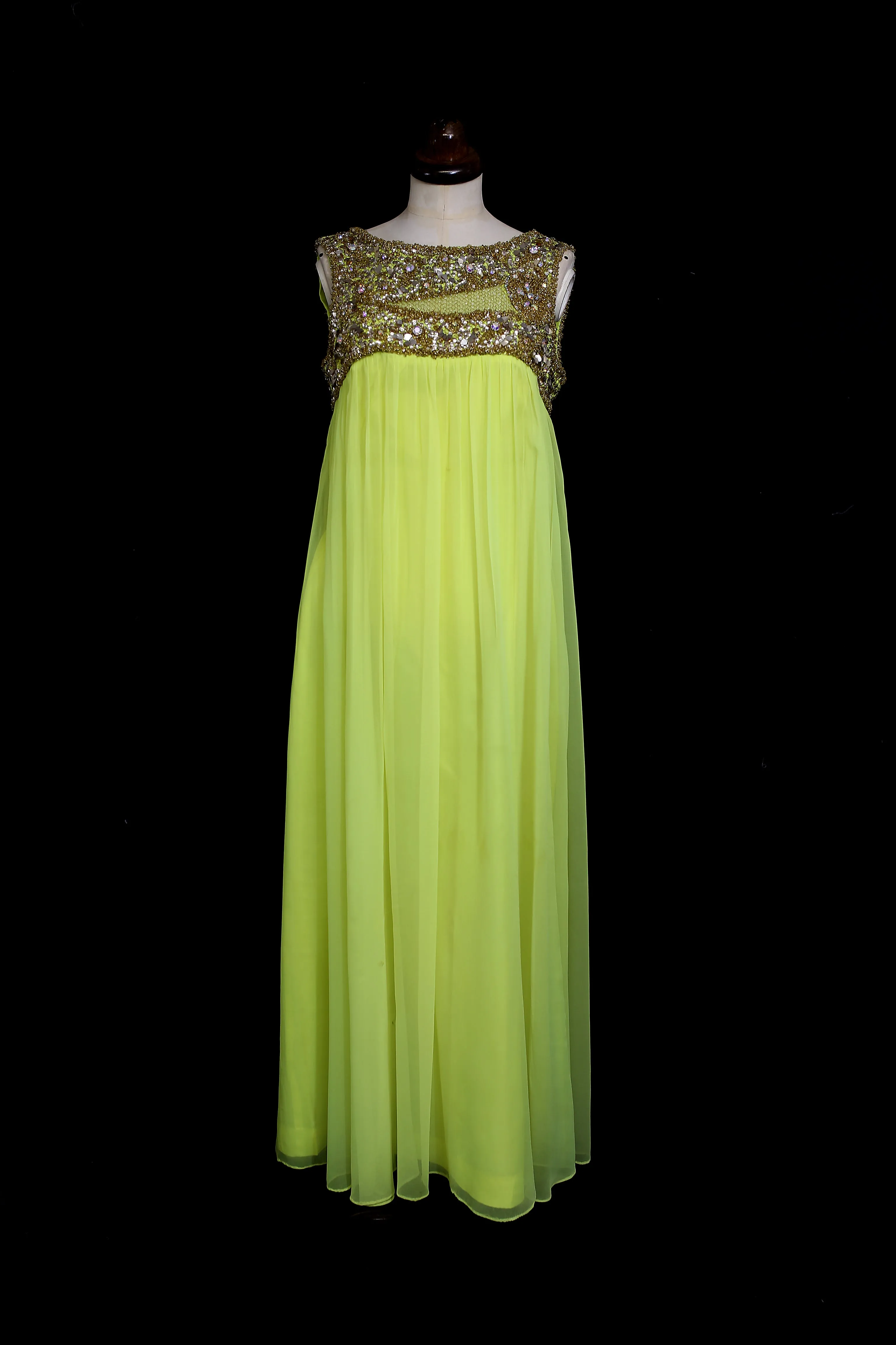 Vintage 1960s Neon Yellow Chiffon Beaded Dress