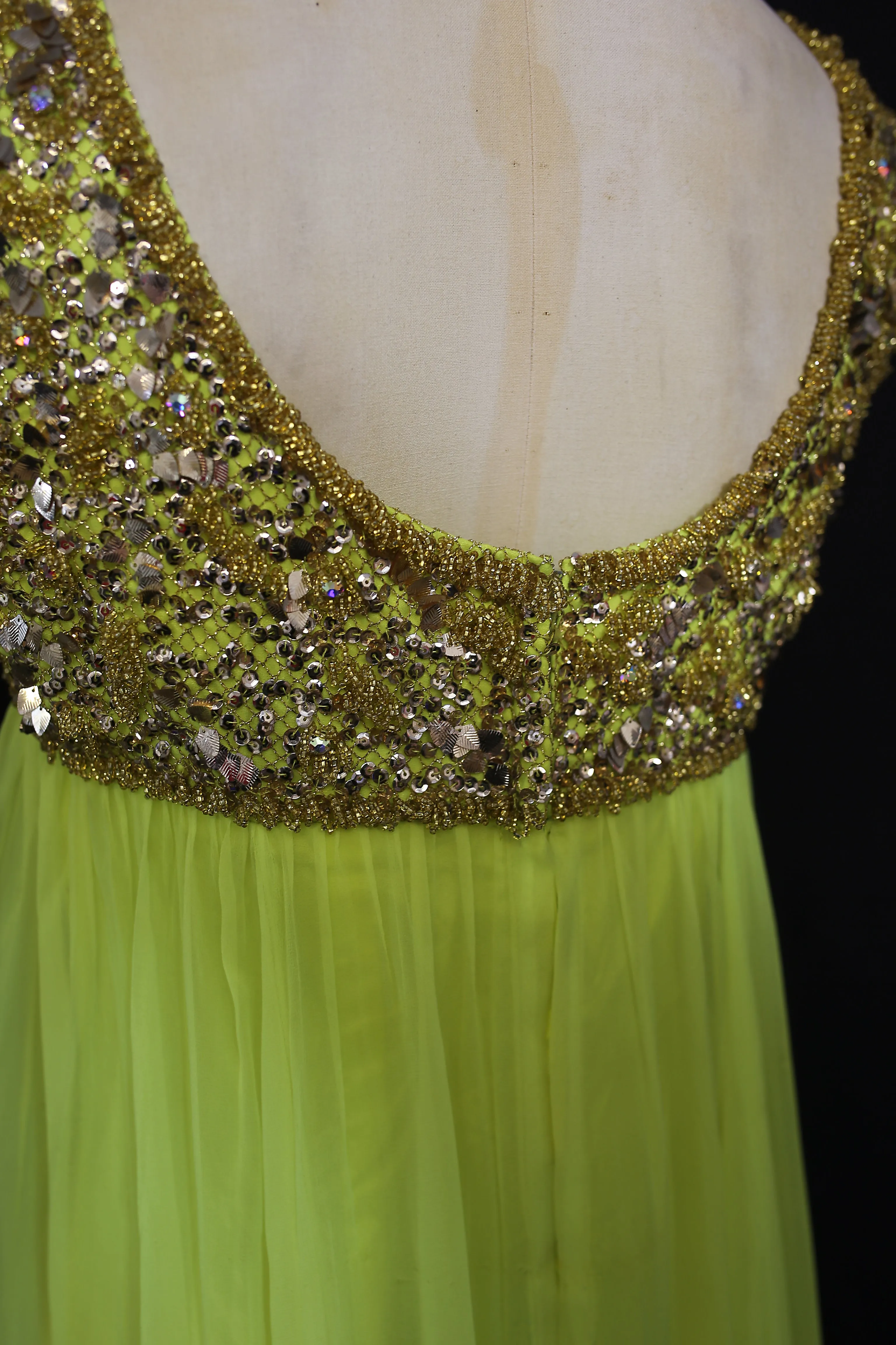 Vintage 1960s Neon Yellow Chiffon Beaded Dress