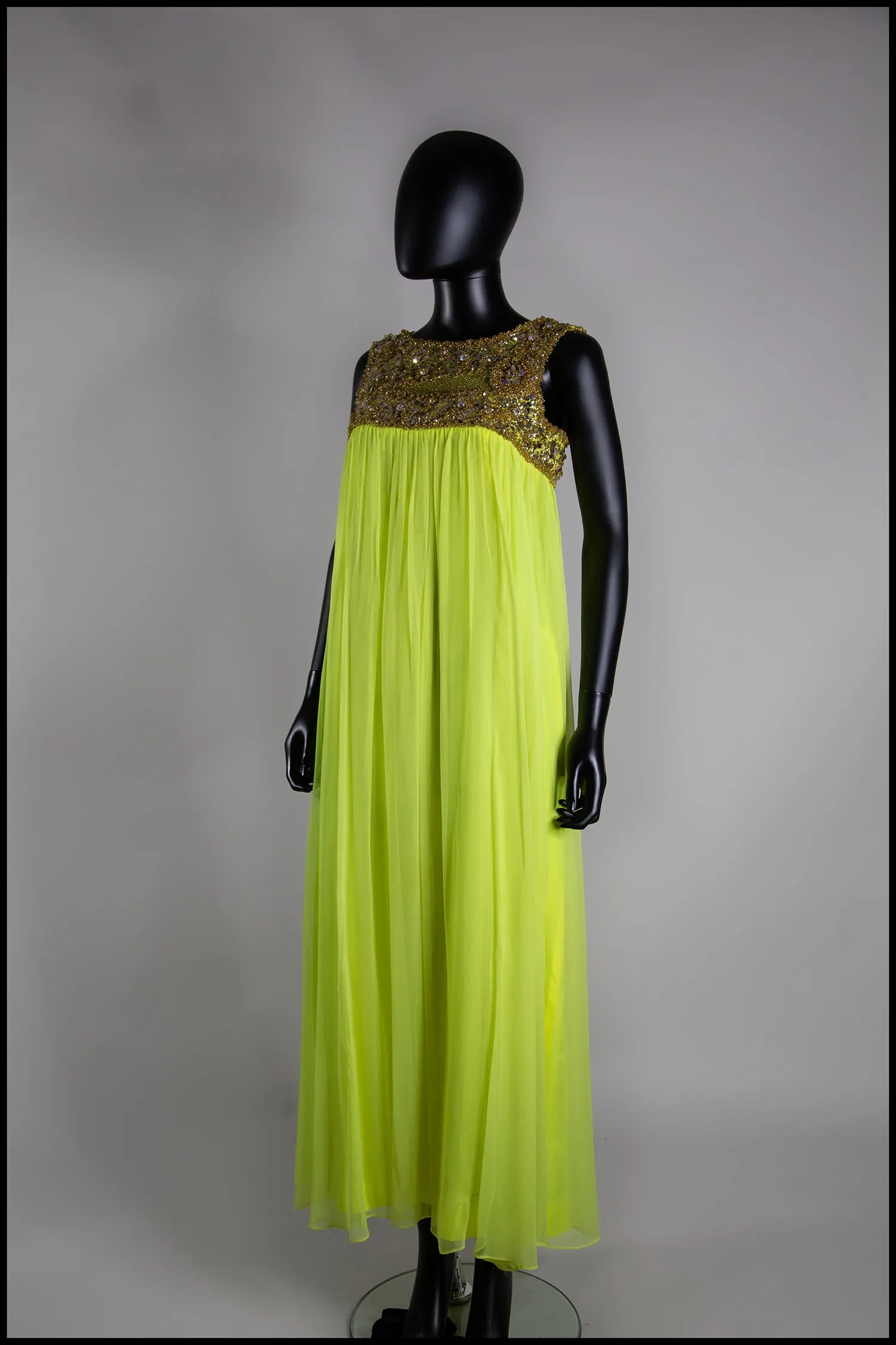 Vintage 1960s Neon Yellow Chiffon Beaded Dress