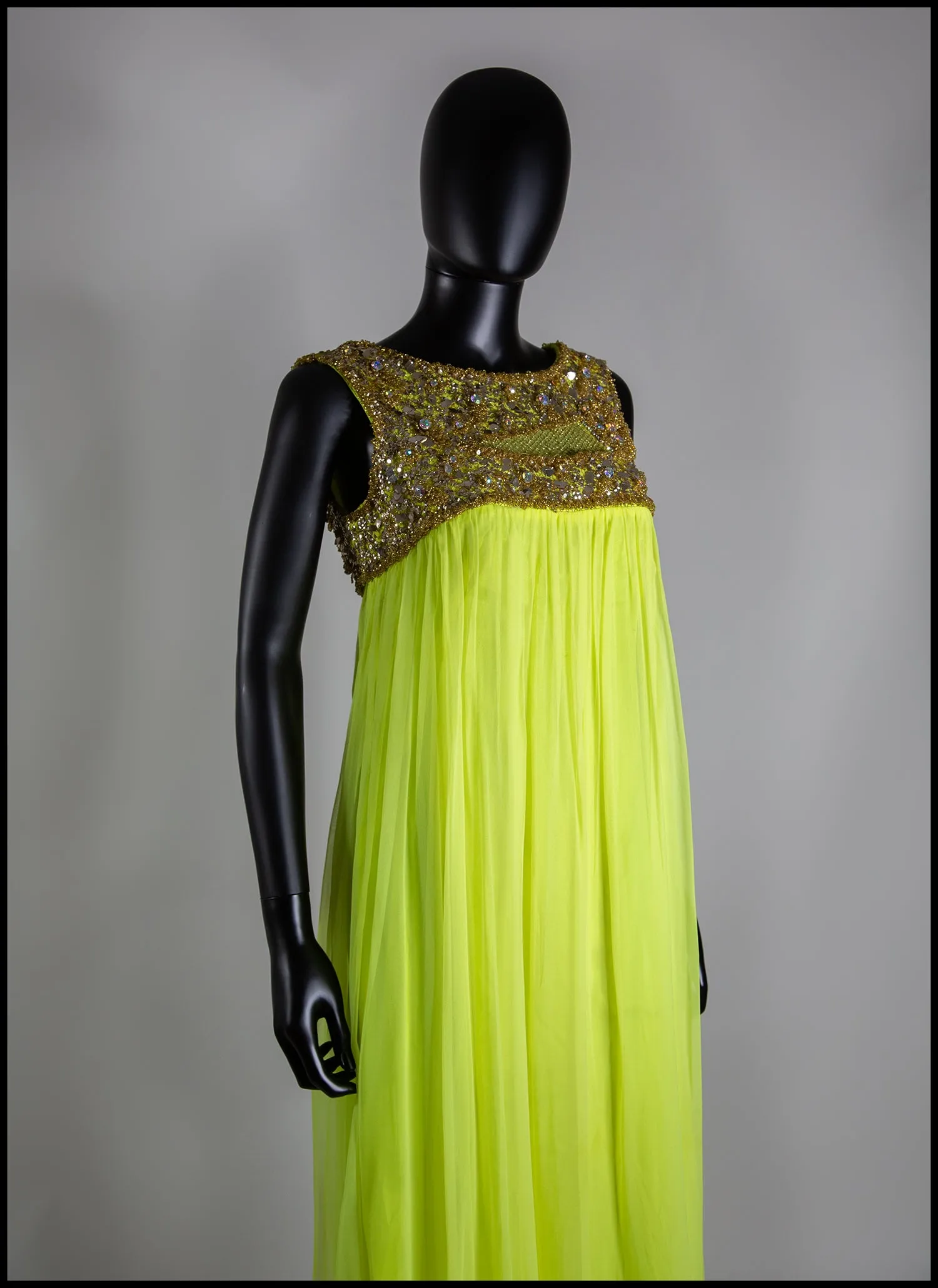 Vintage 1960s Neon Yellow Chiffon Beaded Dress