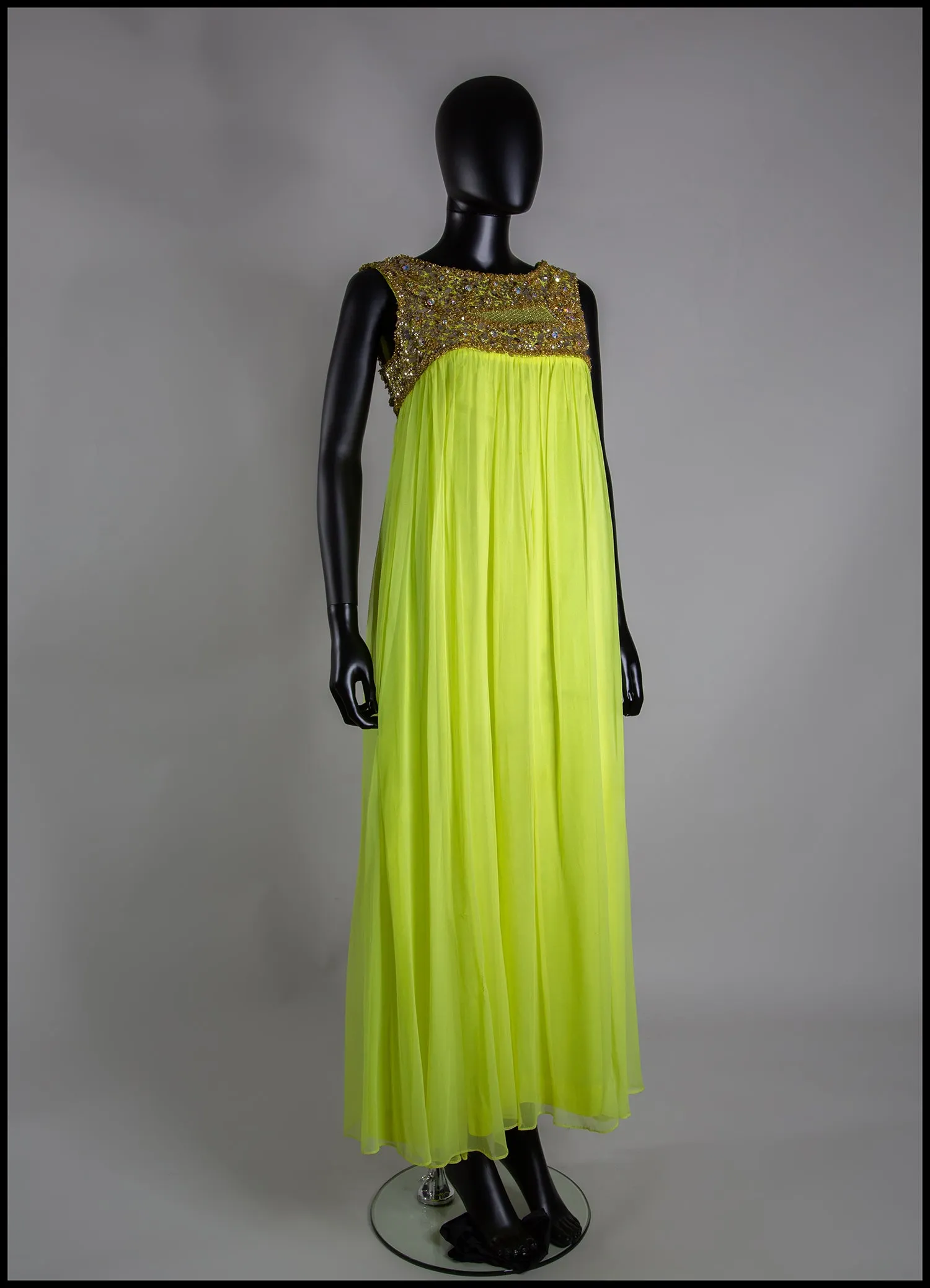 Vintage 1960s Neon Yellow Chiffon Beaded Dress