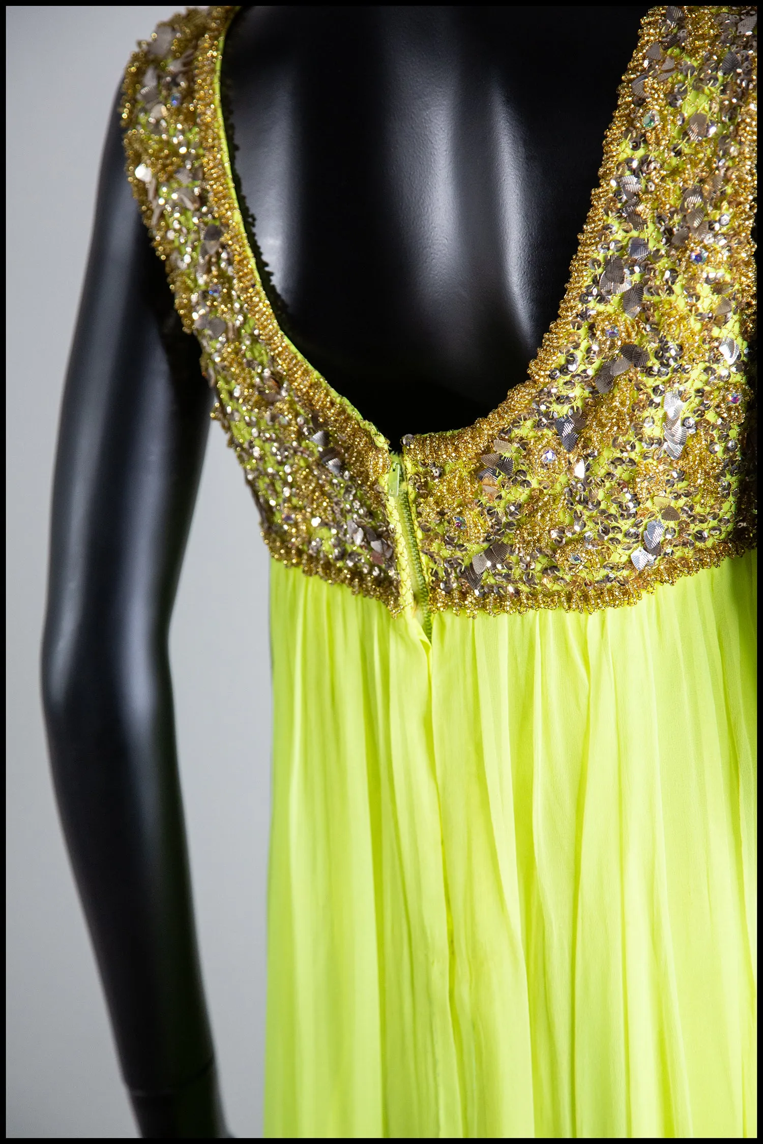 Vintage 1960s Neon Yellow Chiffon Beaded Dress