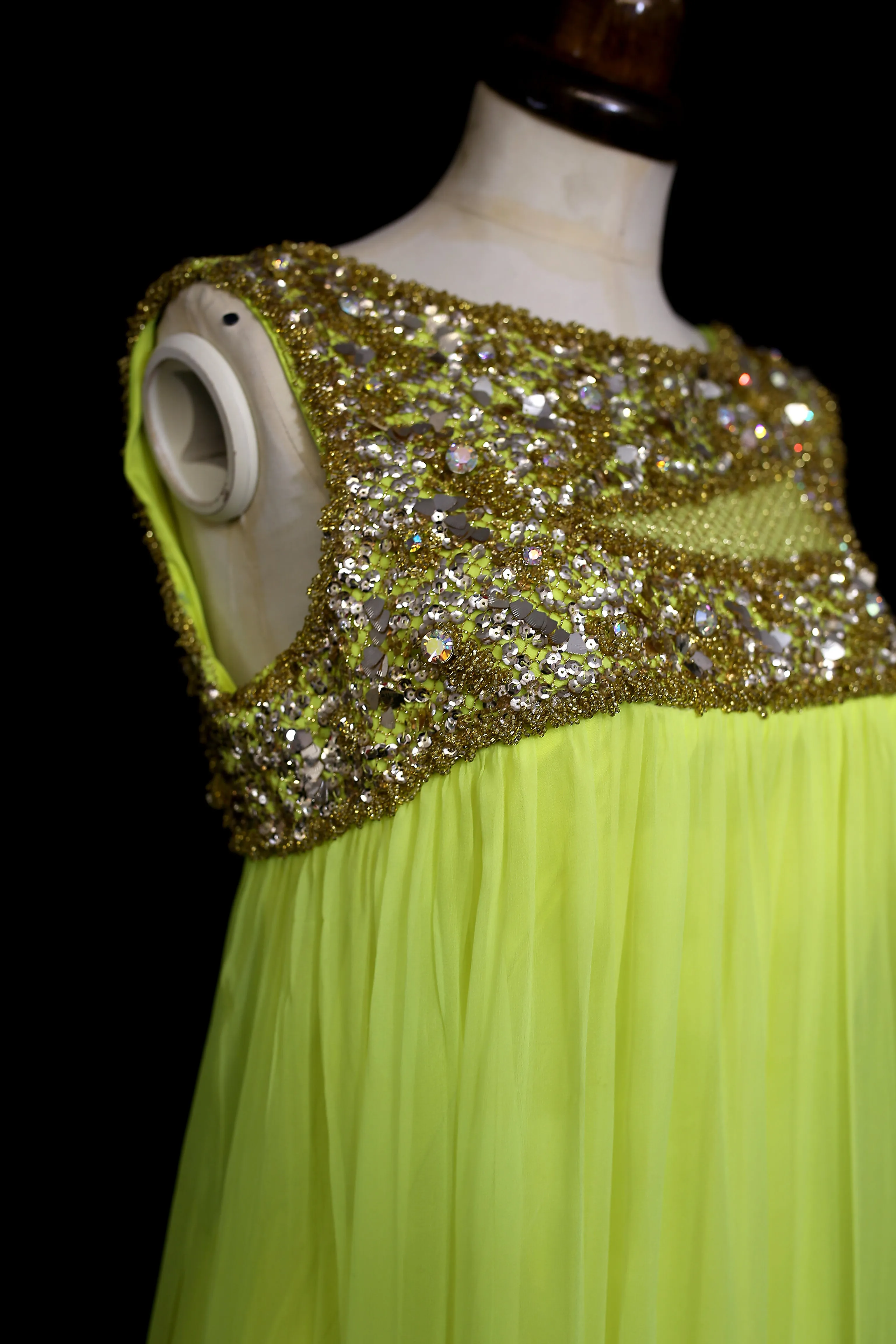 Vintage 1960s Neon Yellow Chiffon Beaded Dress