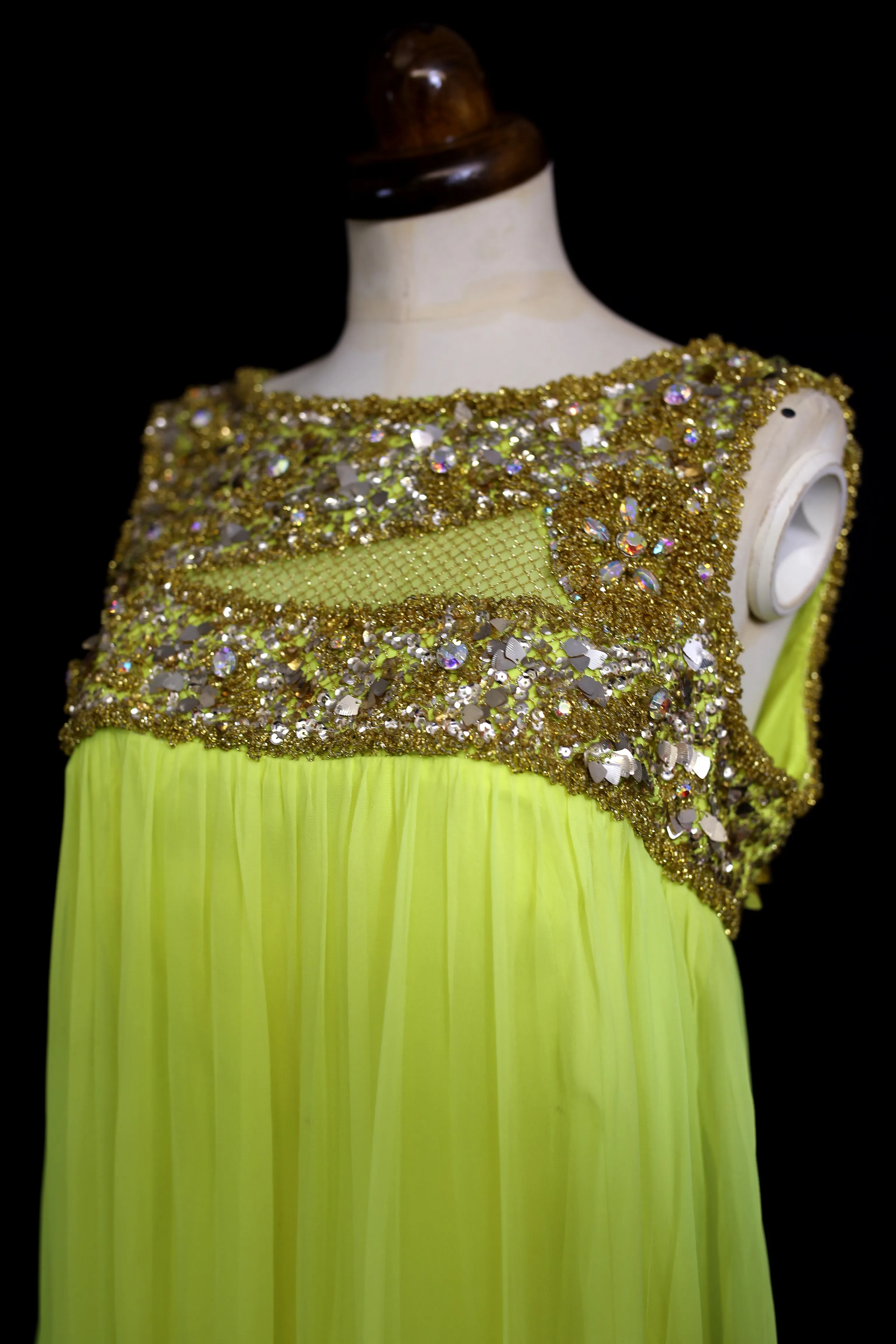 Vintage 1960s Neon Yellow Chiffon Beaded Dress