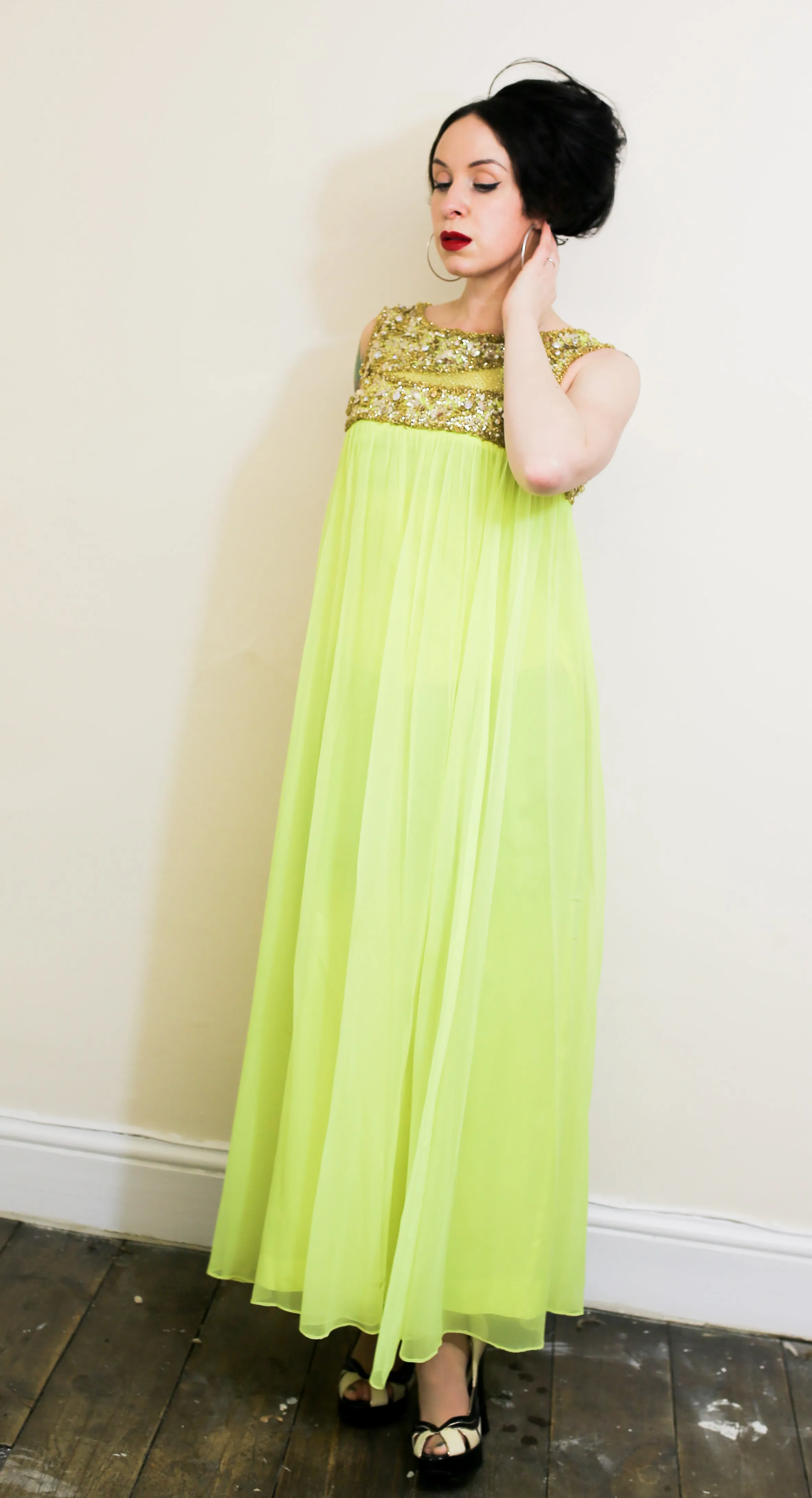 Vintage 1960s Neon Yellow Chiffon Beaded Dress