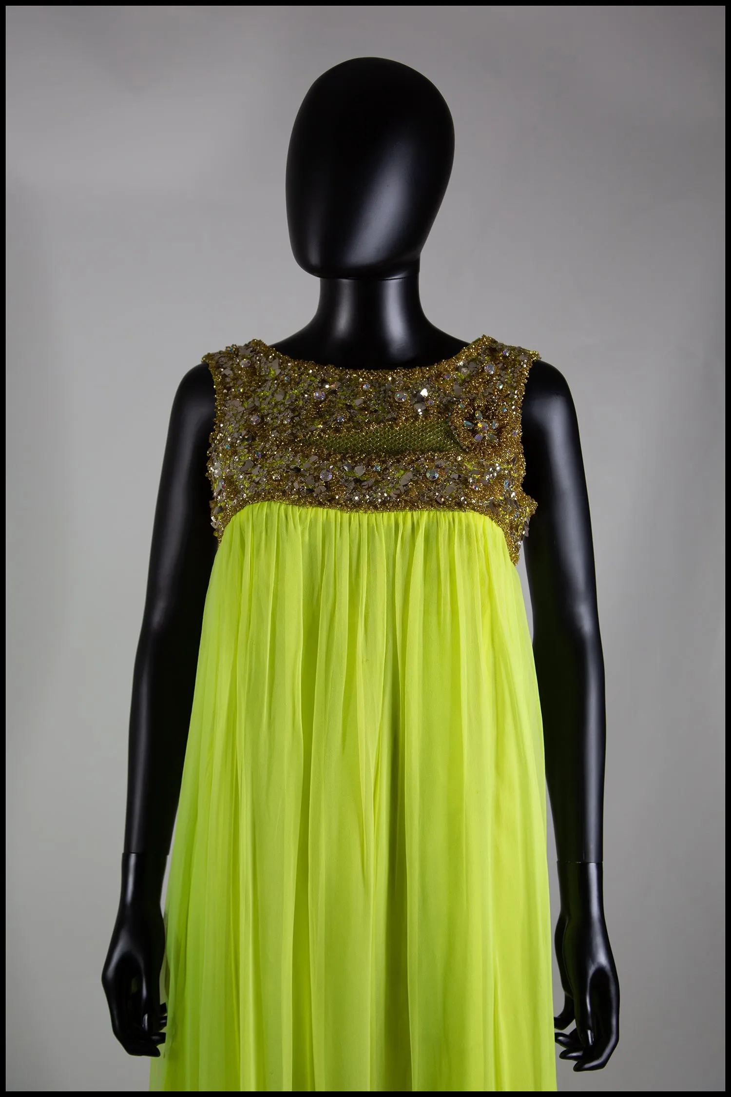 Vintage 1960s Neon Yellow Chiffon Beaded Dress