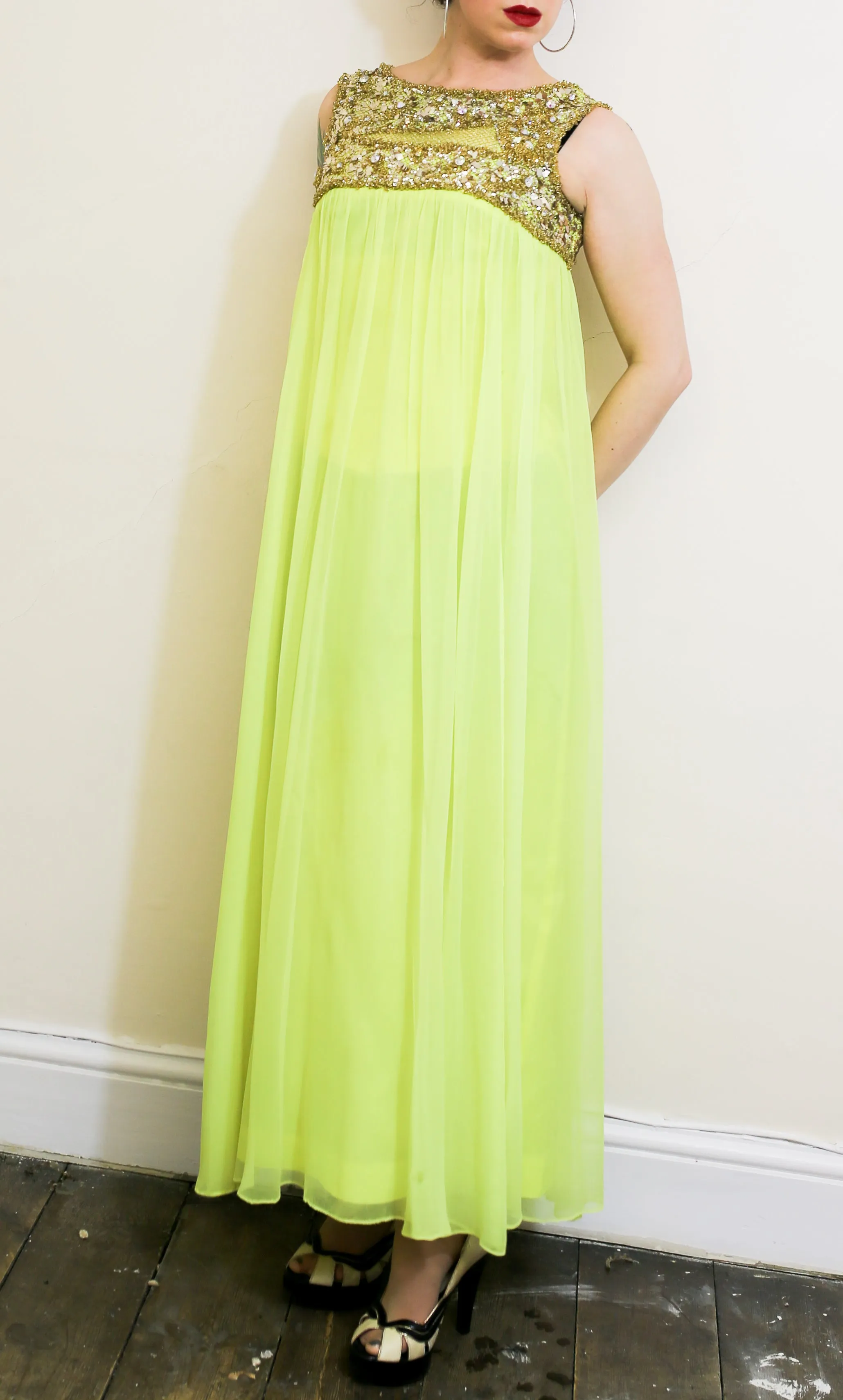 Vintage 1960s Neon Yellow Chiffon Beaded Dress