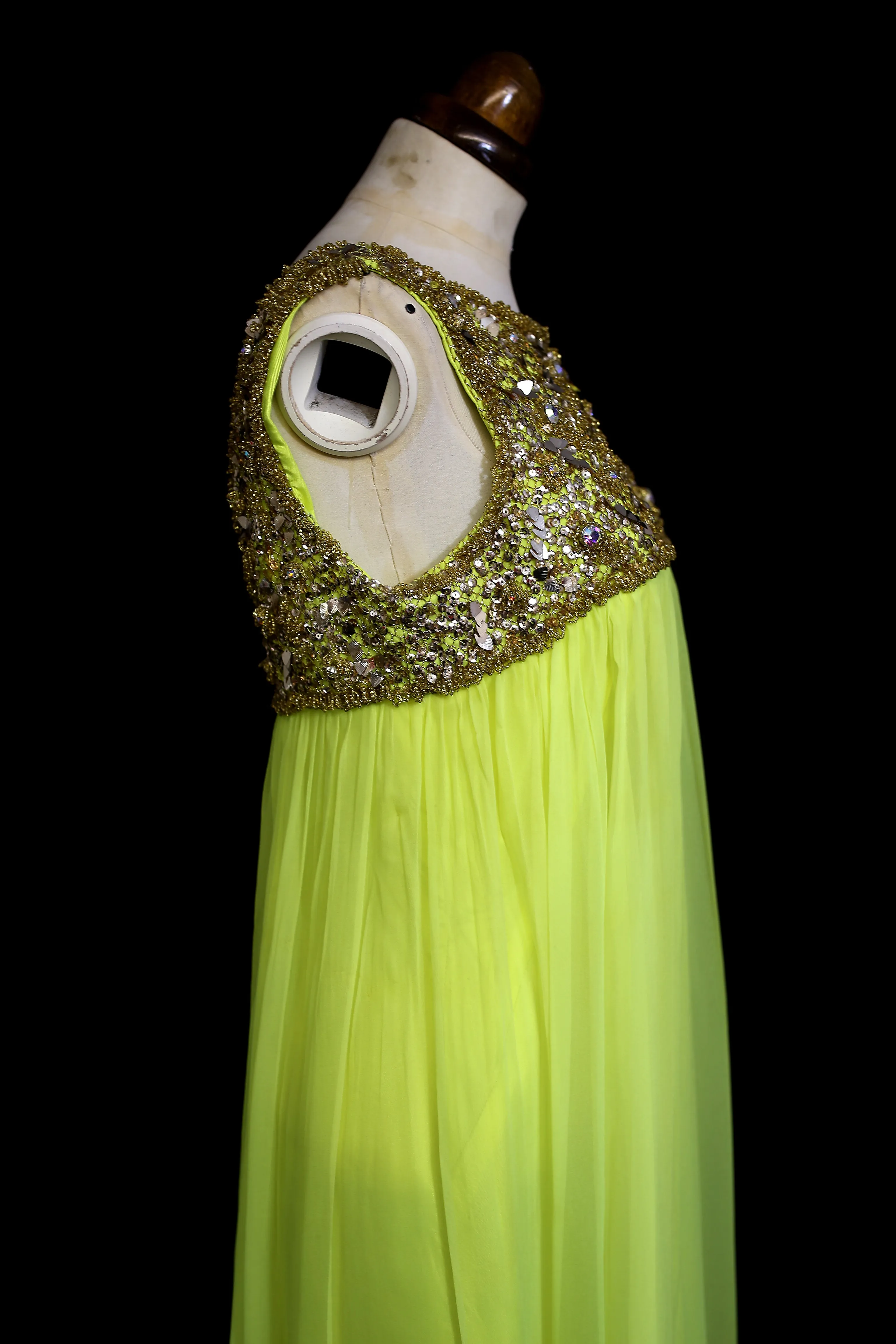 Vintage 1960s Neon Yellow Chiffon Beaded Dress